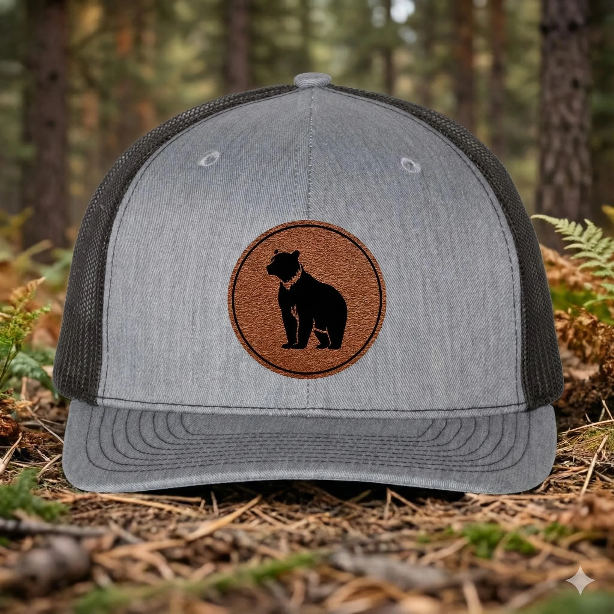 Bear Leather Patch Trucker Hat, Wildlife Outdoor Mesh Cap for Men, Rustic Outdoorsman Gift Idea