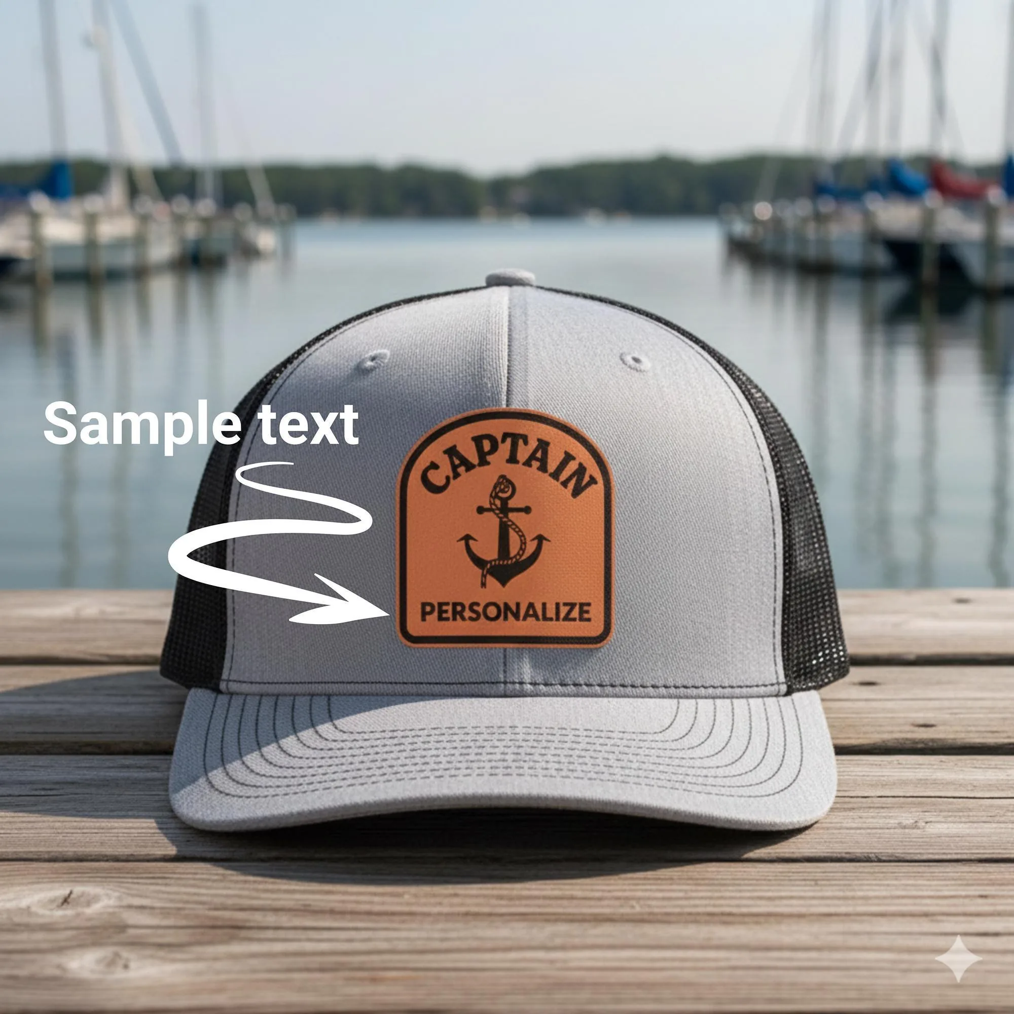 Personalized Captain Trucker Hat, Leather Patch Boat Hat, Custom Nautical Gift for Him, Lake Life Apparel