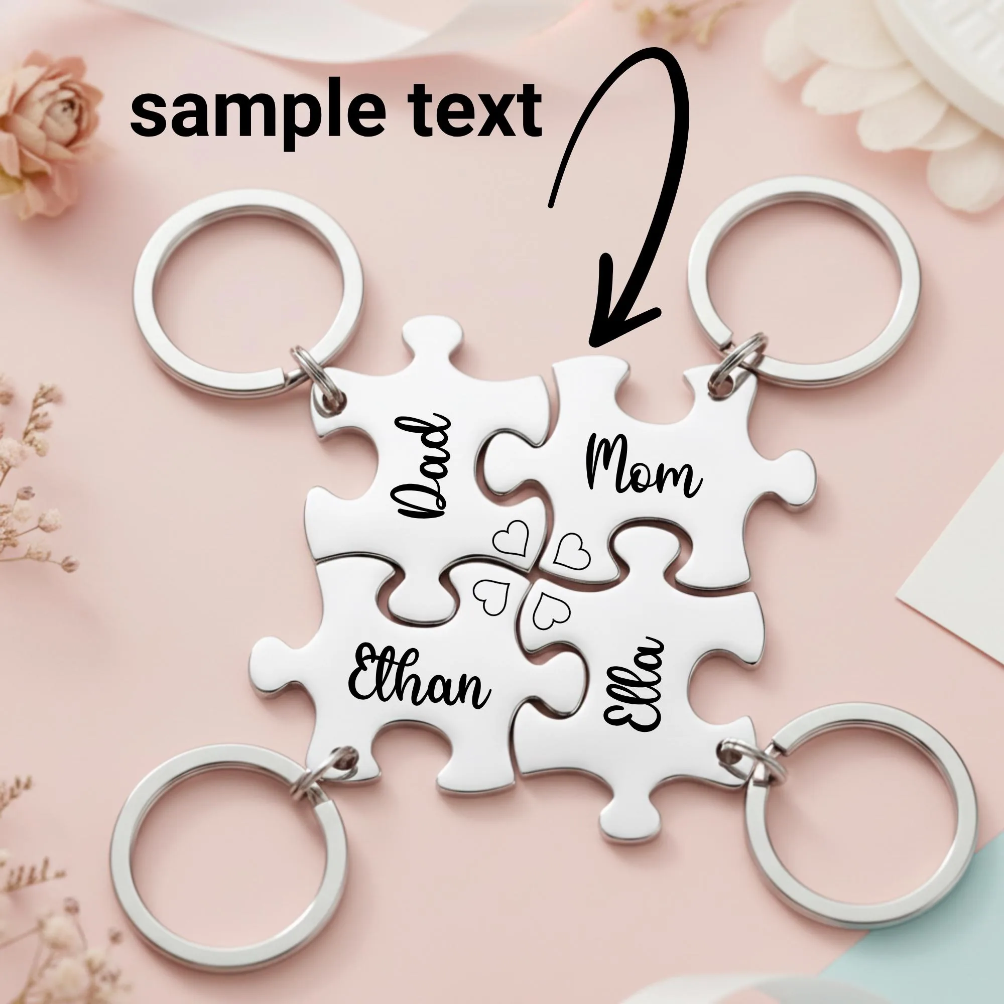 Personalized Family Puzzle Keychain Set of 4, Custom Name Puzzle Keychains, Engraved Family Keychain Gift, Fri