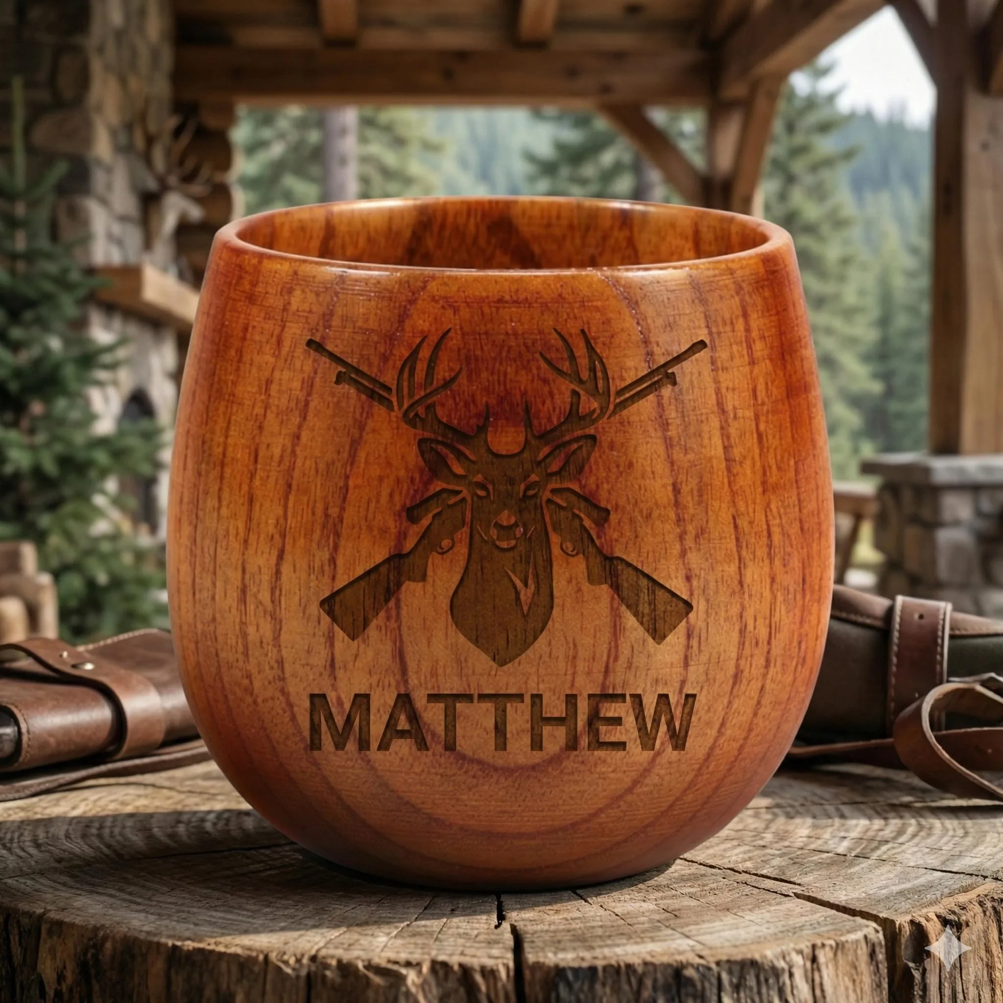 Personalized Wooden Whiskey Cup, Engraved Deer Hunting Tumbler, Custom Name Rustic Barware, Unique Gift