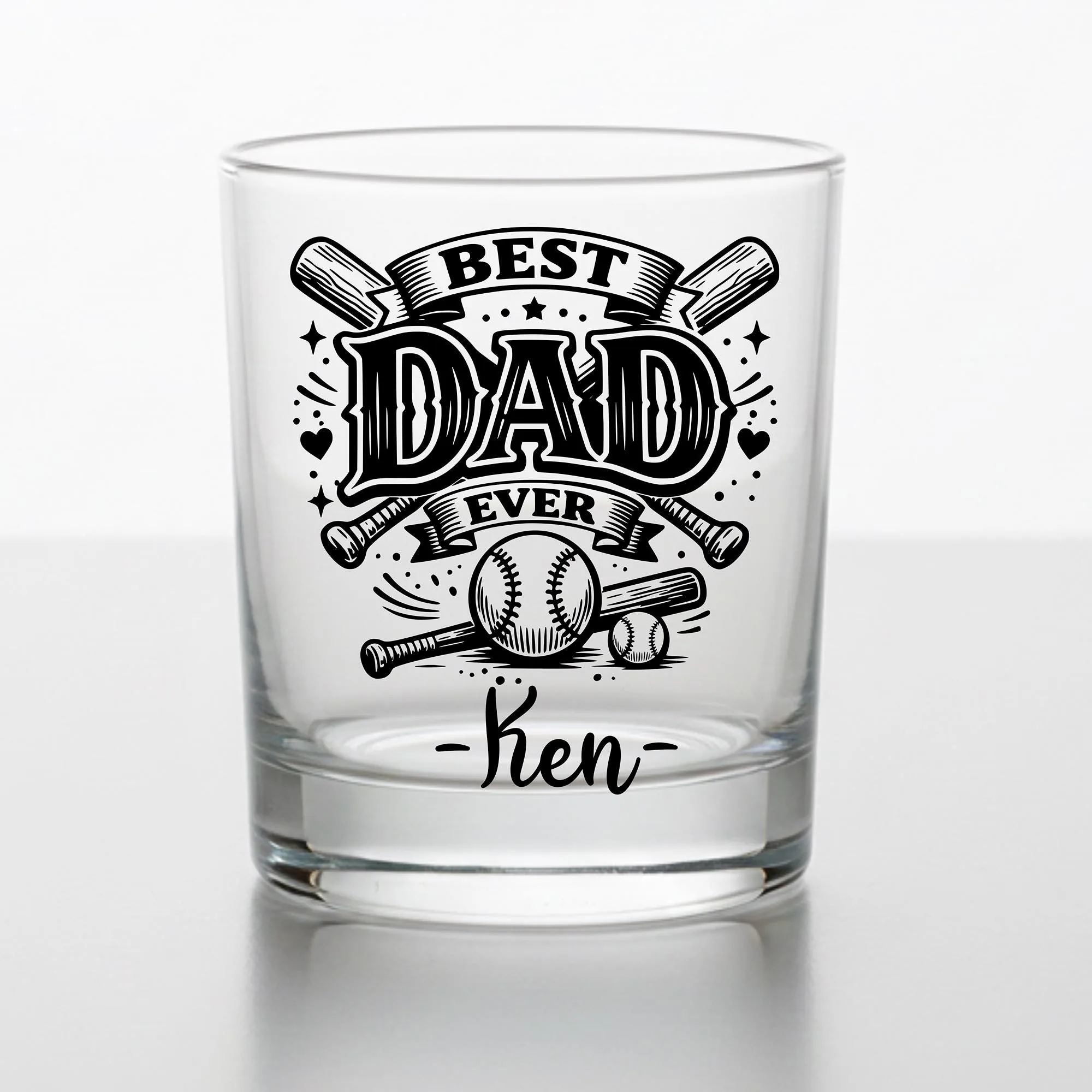 Personalized Baseball Dad Whiskey Glass, Custom Name Old Fashioned Tumbler