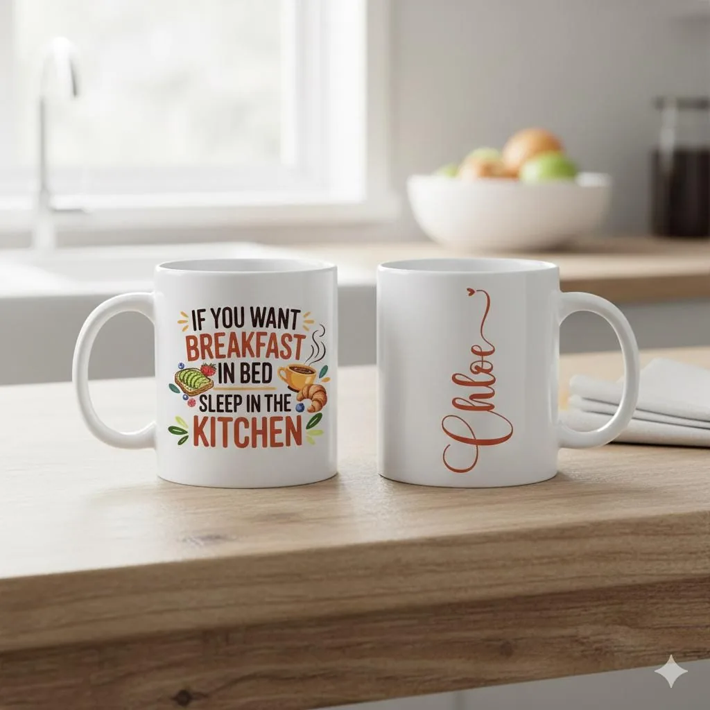 Funny Mother’s Day Mug, Personalized Mom Coffee Mug, Breakfast in Bed Mug, Two Sided Printed Mug, Custom Name 
