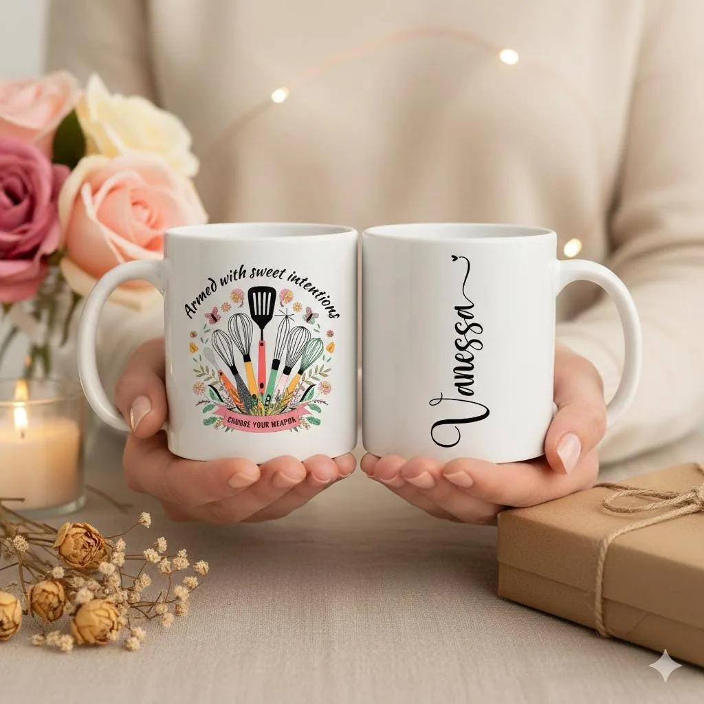 Personalized Baking Coffee Mug, Baker Gift, UV Printed Ceramic Mug, 11oz 15oz, Armed With Sweet Intentions