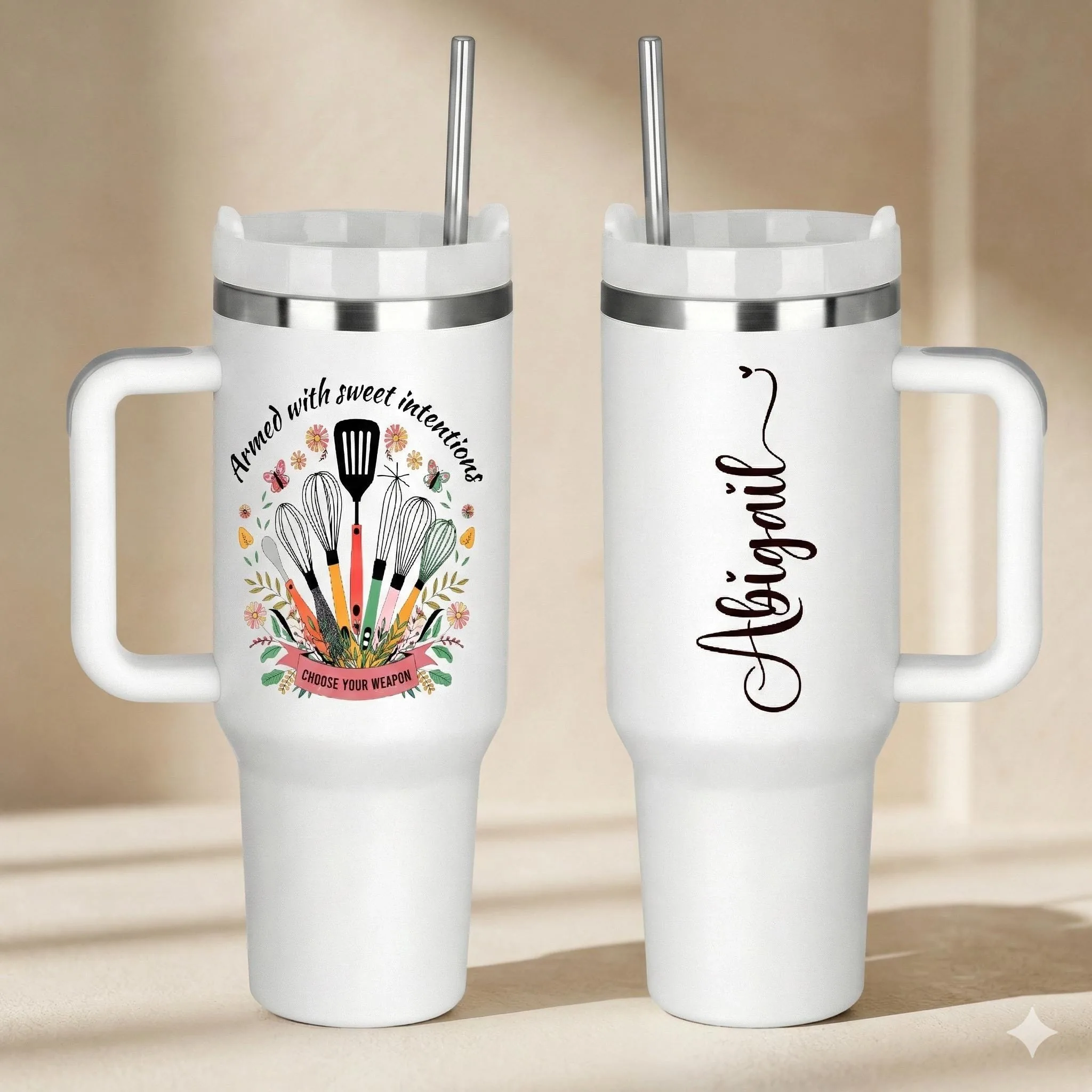 Personalized Baking Tumbler, 40 oz Insulated Cup With Handle, Baker Gift UV Printed