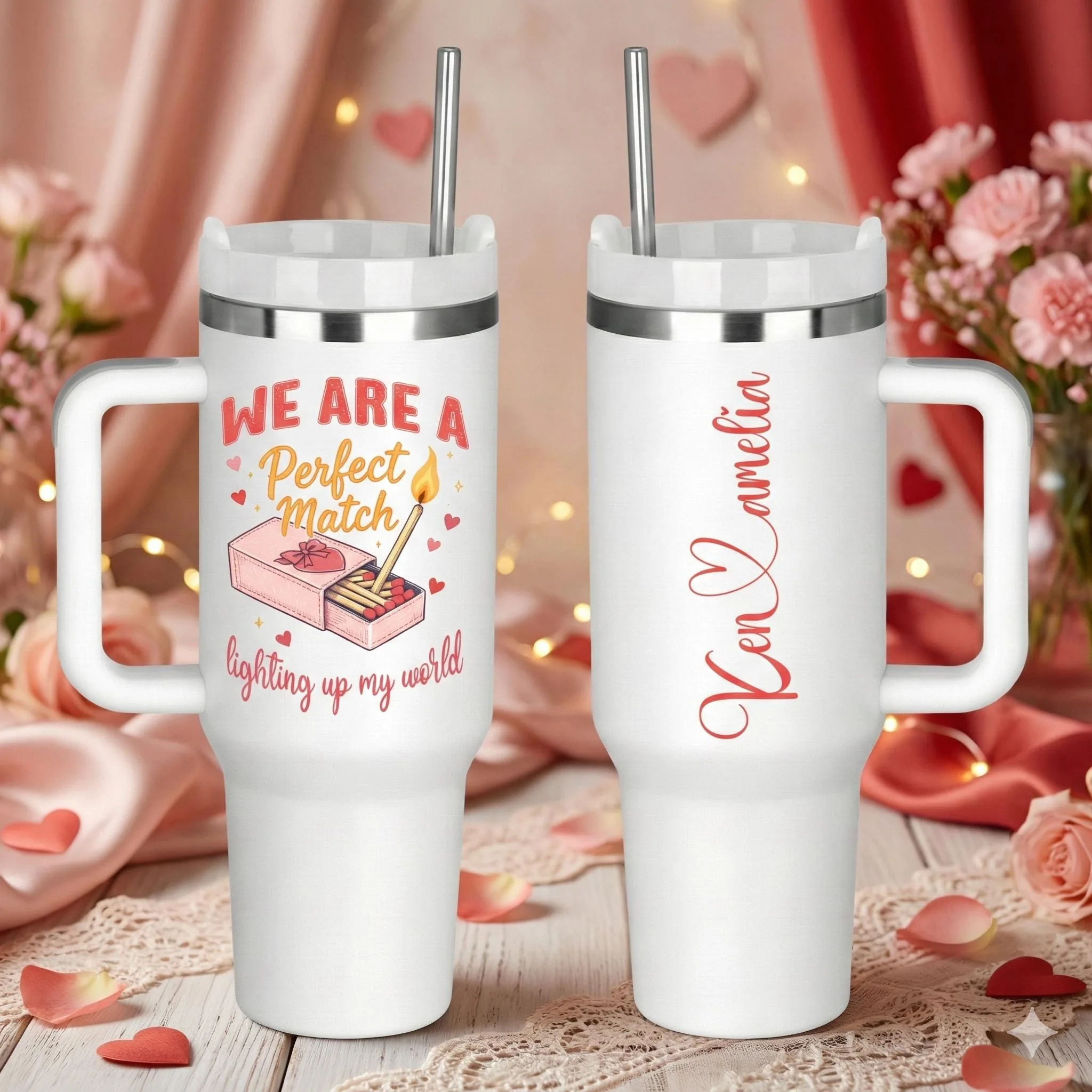 Perfect Match Valentine 40 oz Tumbler With Handle, Personalized Couple Tumbler, Romantic Gift UV Printed Cup