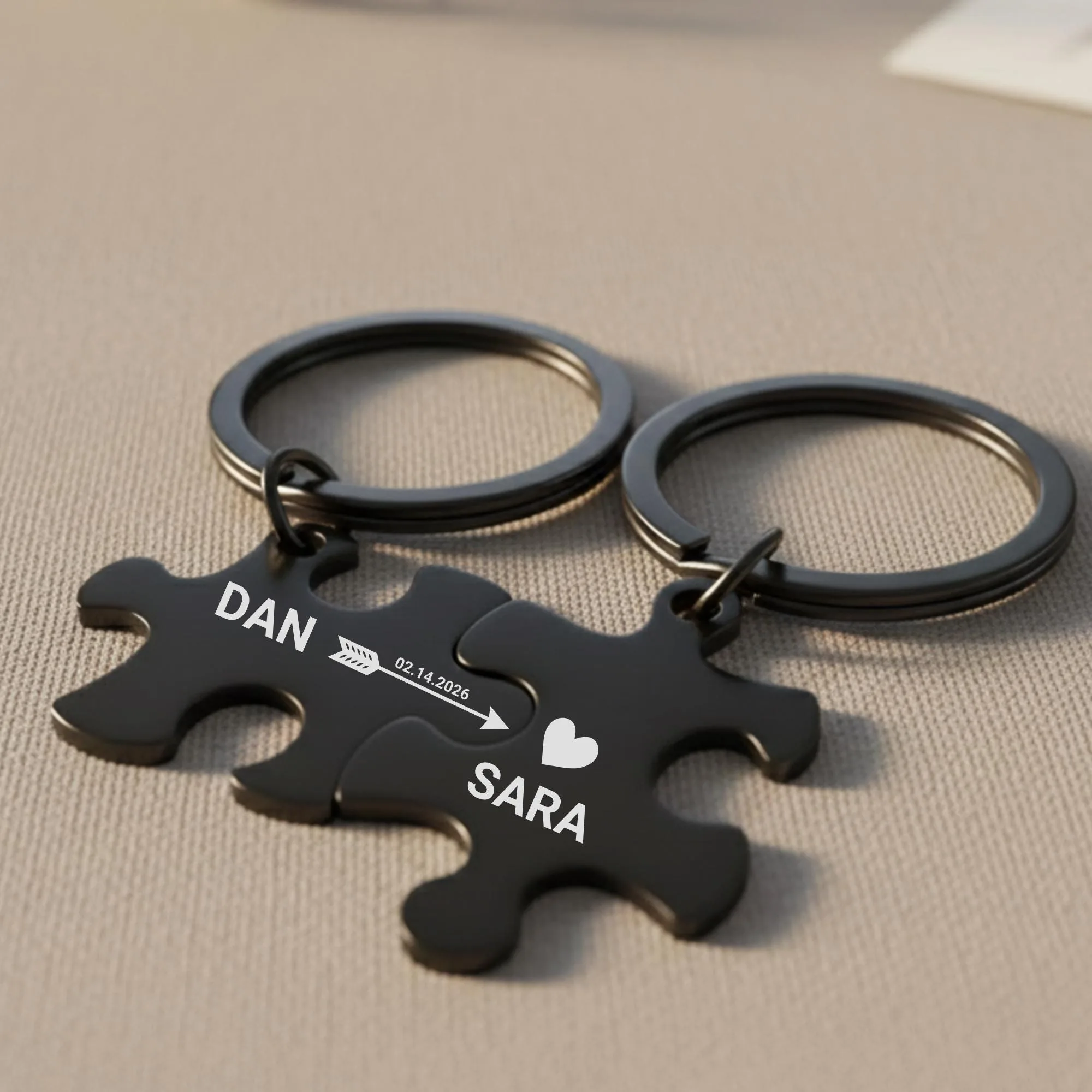 Personalized Puzzle Keychain Set, Custom Couple Keychains with Names Date, Arrow Heart Keychain, Stainless Ste
