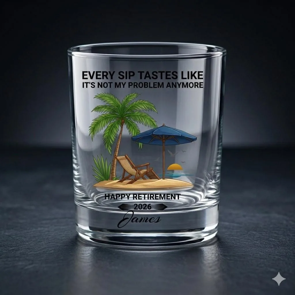 Personalized Retirement Whiskey Glass, Beach Design, Custom Name Old Fashioned Glass