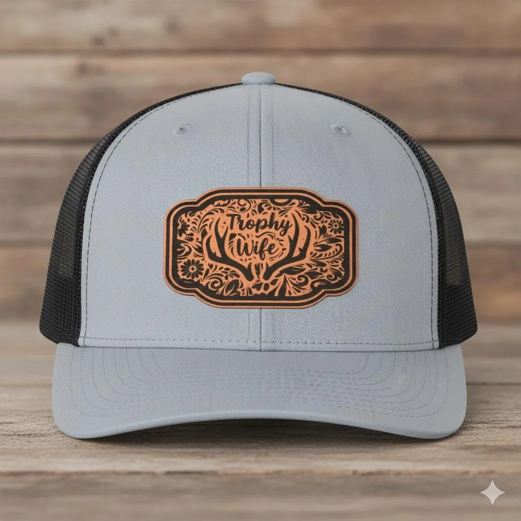 Trophy Wife Trucker Hat, Leather Patch Hat, Funny Wife Gift, Women’s Trucker Snapback Cap, Humorous Gift for H