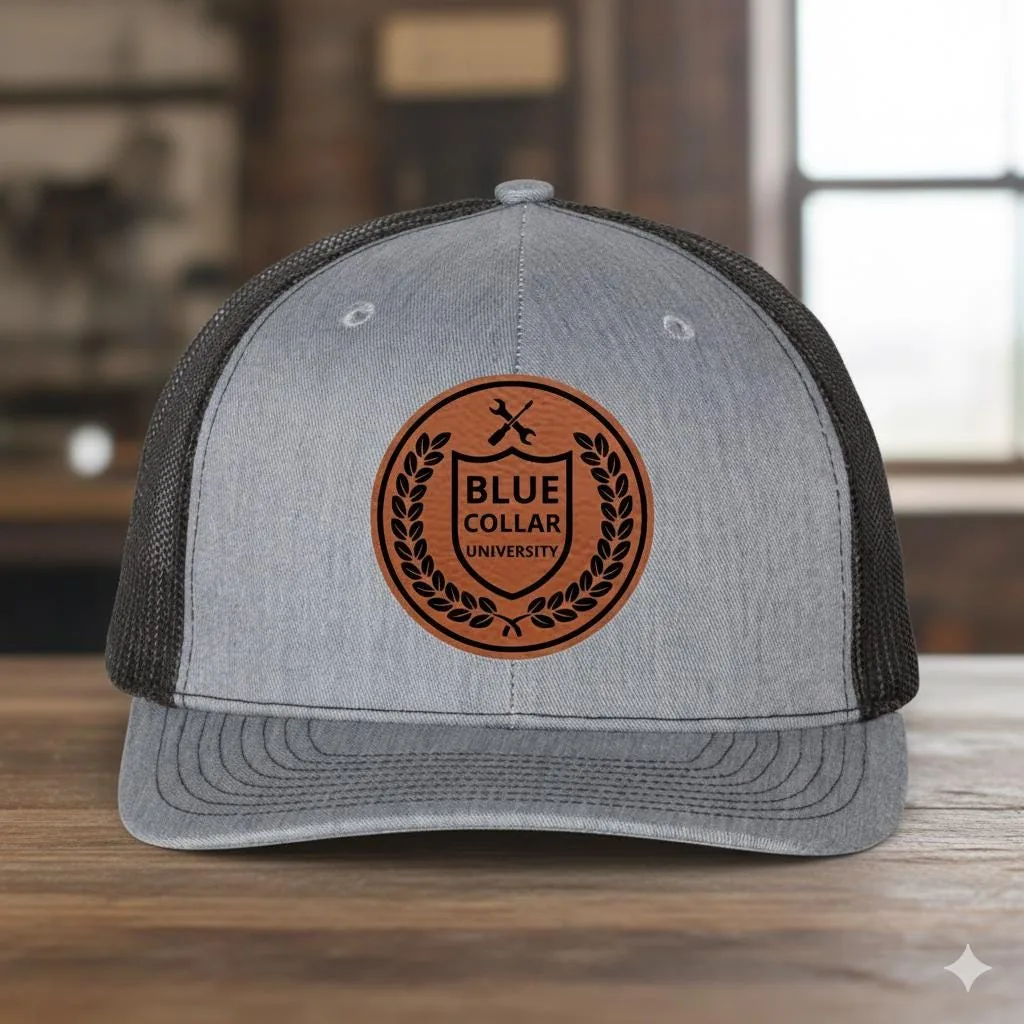 Blue Collar Earned Knowledge Trucker Hat, Leather Patch Cap, Working Man Gift, Tradesman Snapback