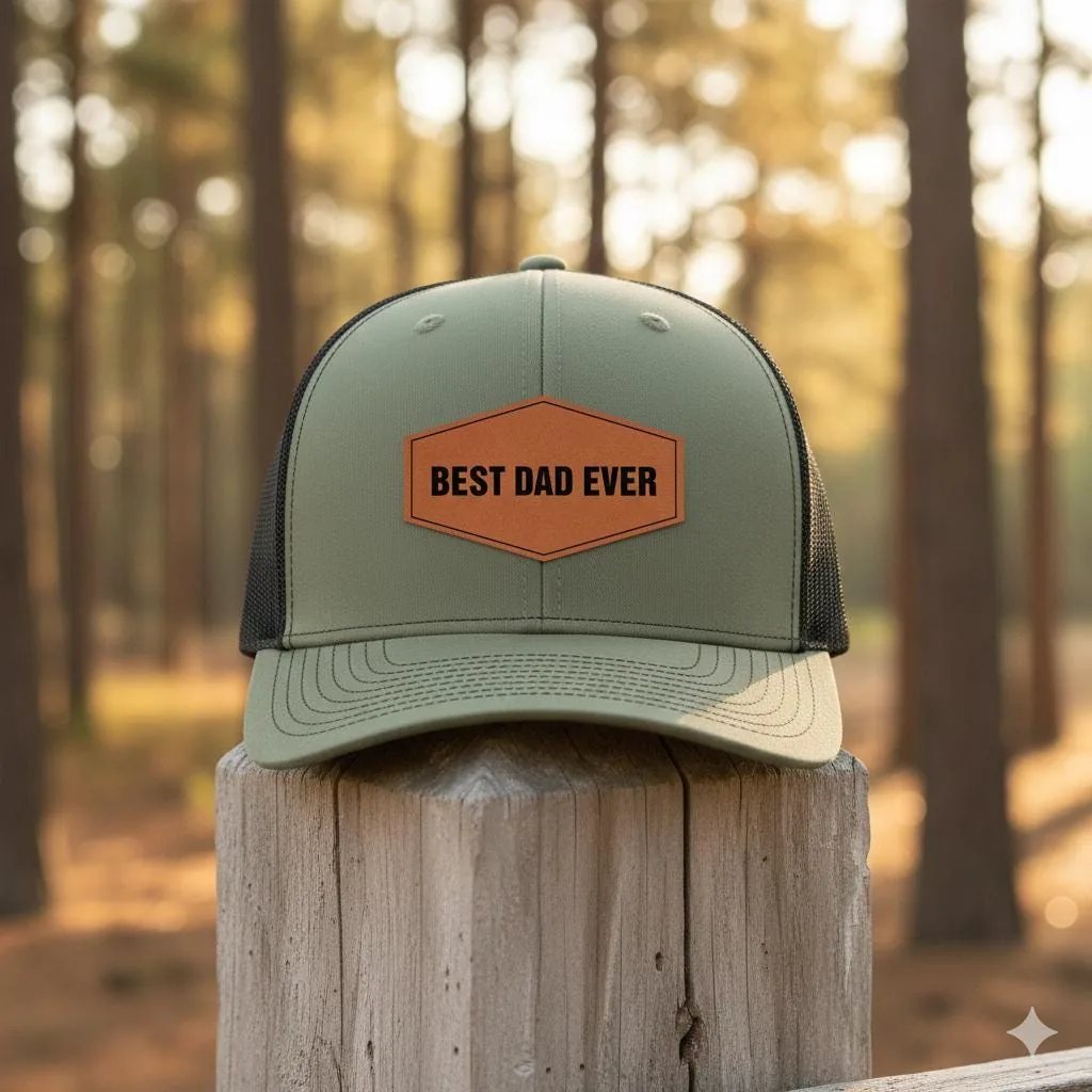 Best Dad Ever Trucker Hat, Leather Patch Hat, Dad Gift, Gray Black Mesh Snapback Cap, Adjustable Trucker Hat, 