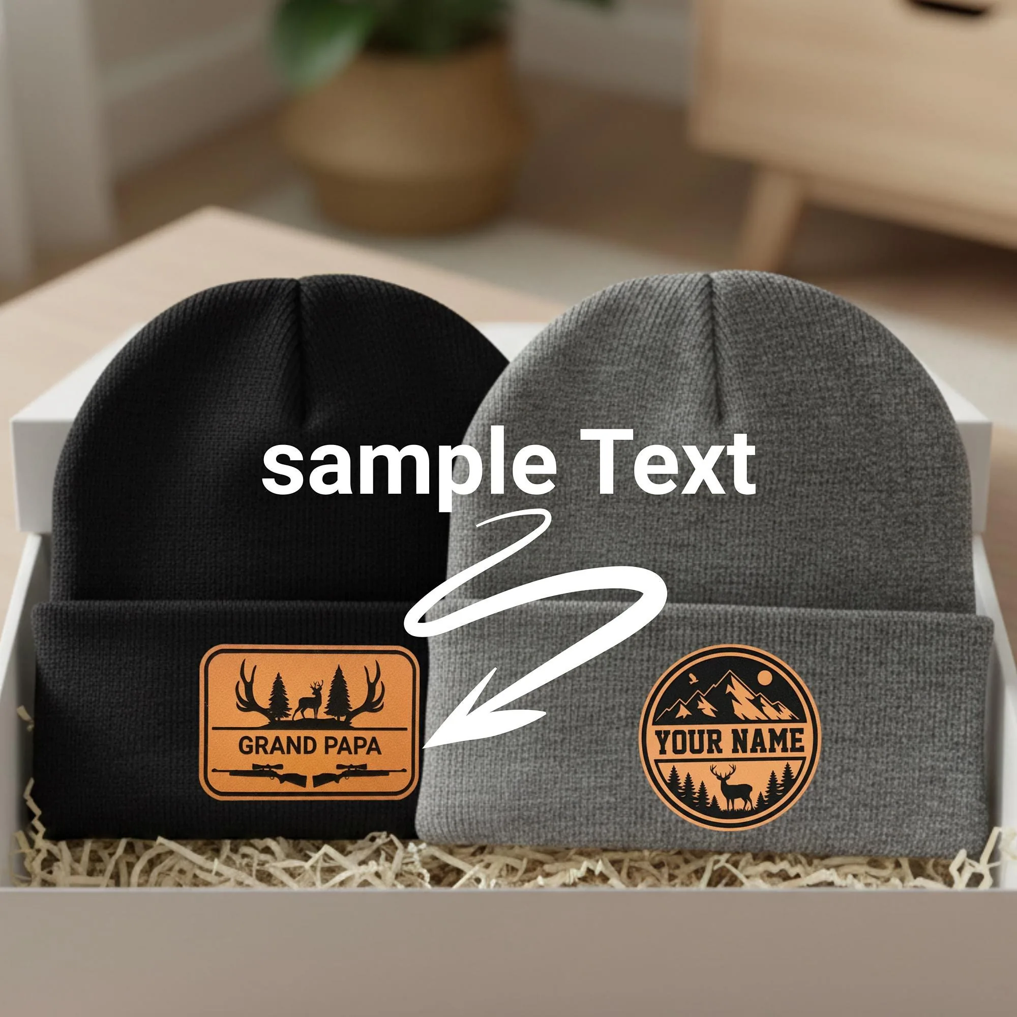Custom Name Beanie, Personalized Leather Patch Beanie, Men or women Knit Hat with Name, Dad Grandpa Gift Beani