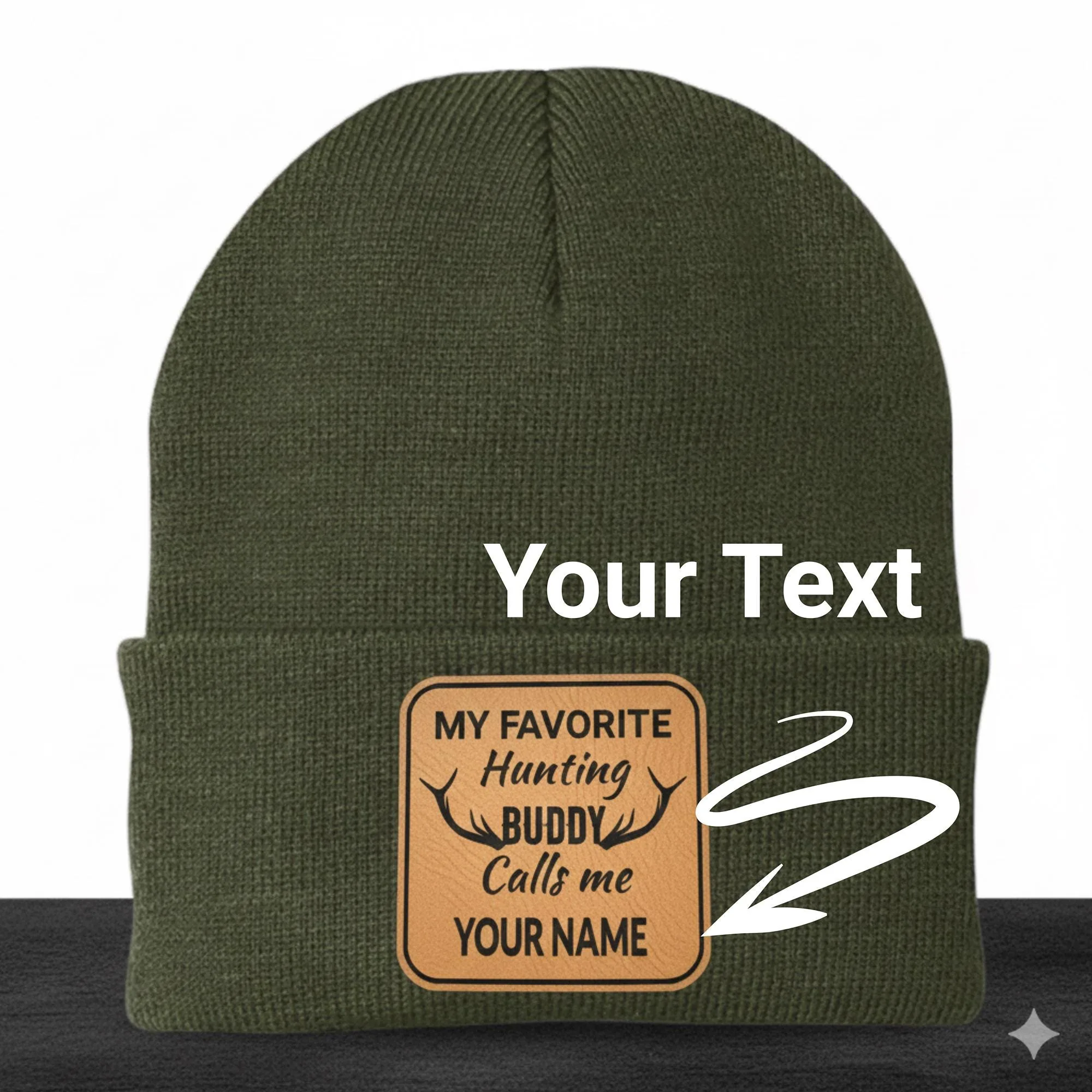 Personalized Hunting Beanie, Custom Name Leather Patch Beanie, My Favorite Hunting Buddy Hat, Gift for Dad Gra