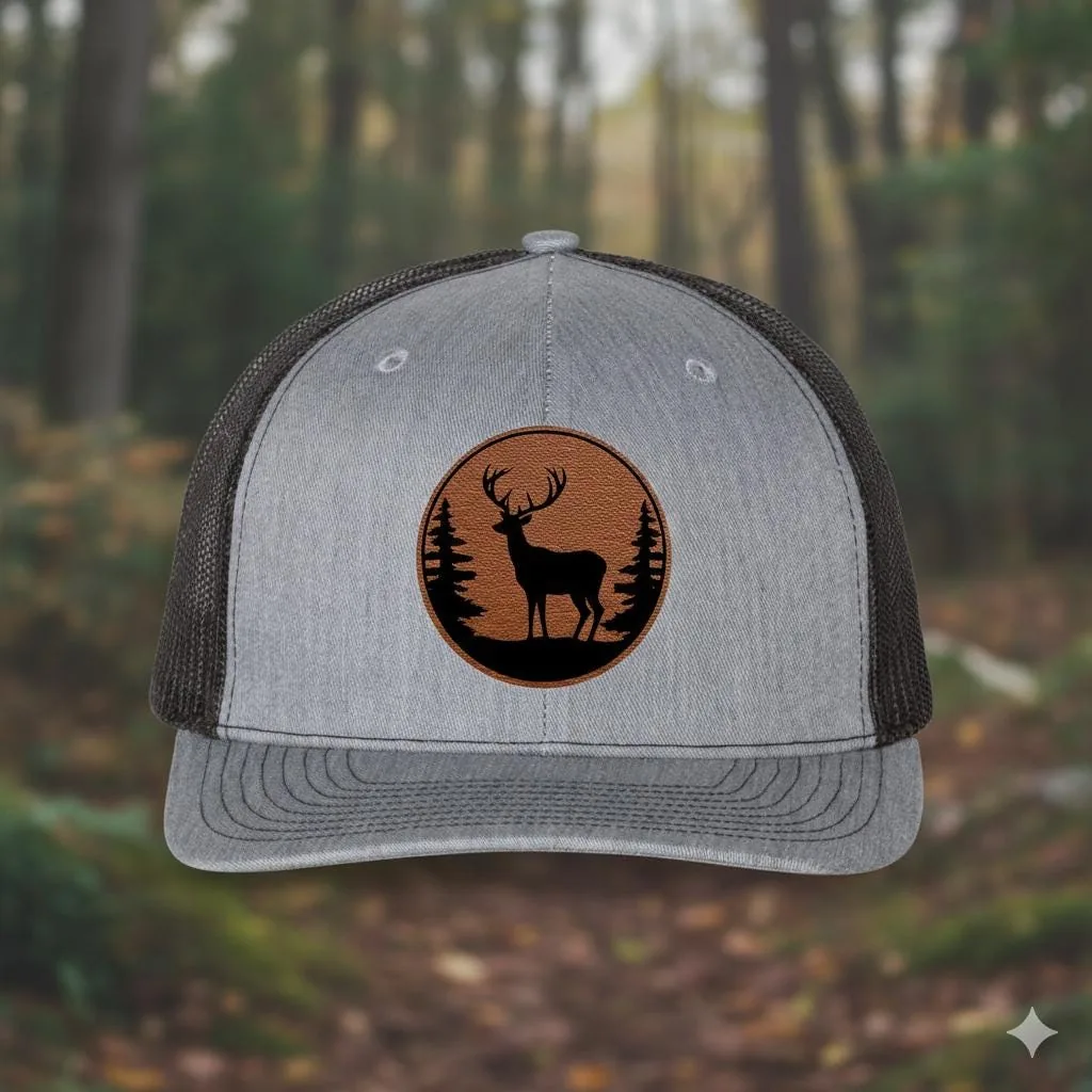Deer Leather Patch Trucker Hat, Hunting Hat for Men, Outdoorsman Mesh Cap, Wildlife Rustic Style