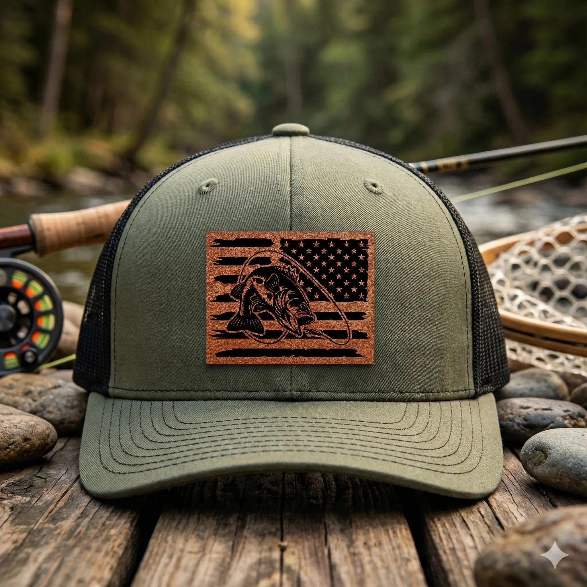 American Flag Bass Trucker Hat, Leather Patch Fishing Hat, Mesh Back Snapback Cap, Gift for Fisherman, Patriot