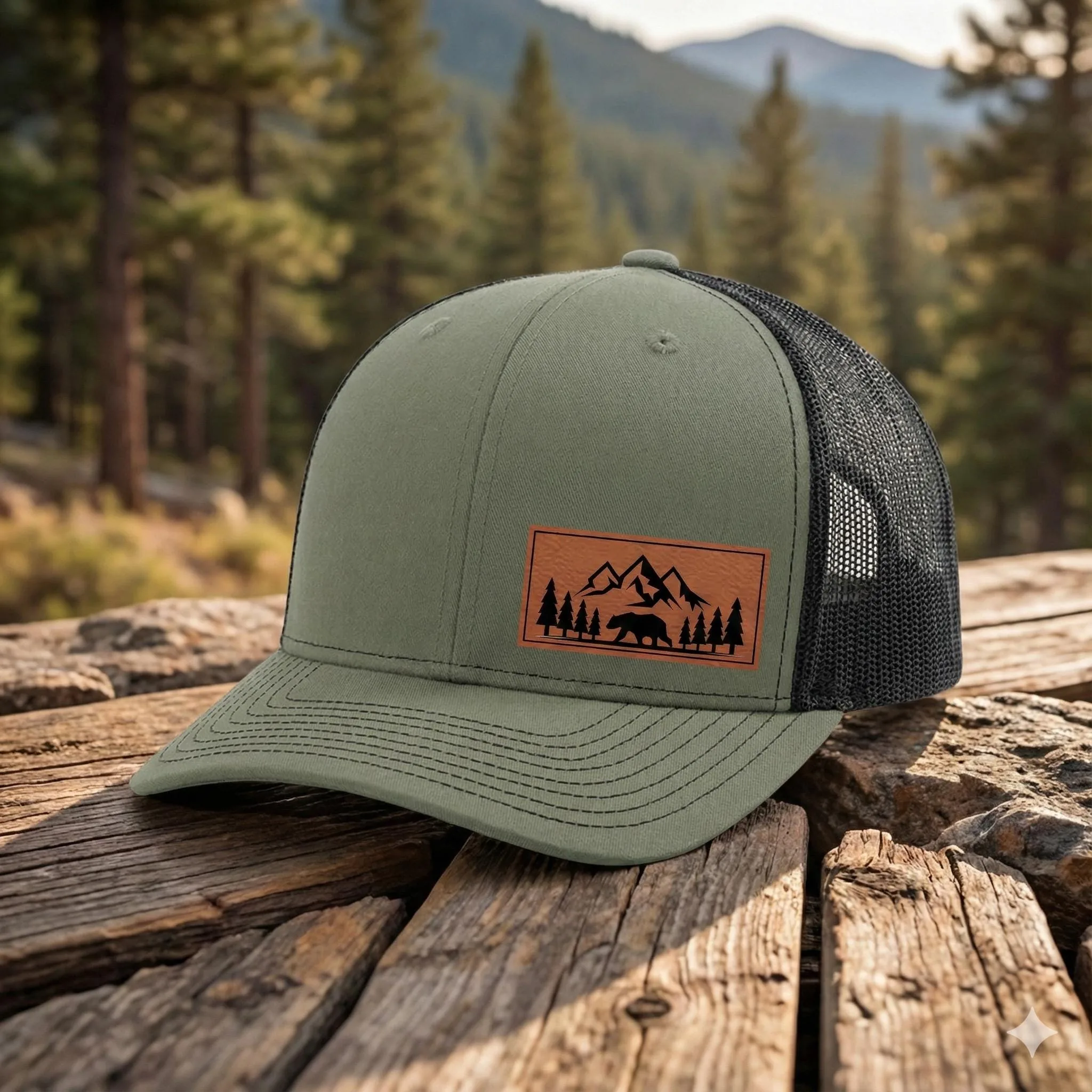 Mountain Bear Trucker Hat, Leather Patch Outdoor Hat, Mesh Back Snapback Cap, Hiking Camping Hat for Men, Natu