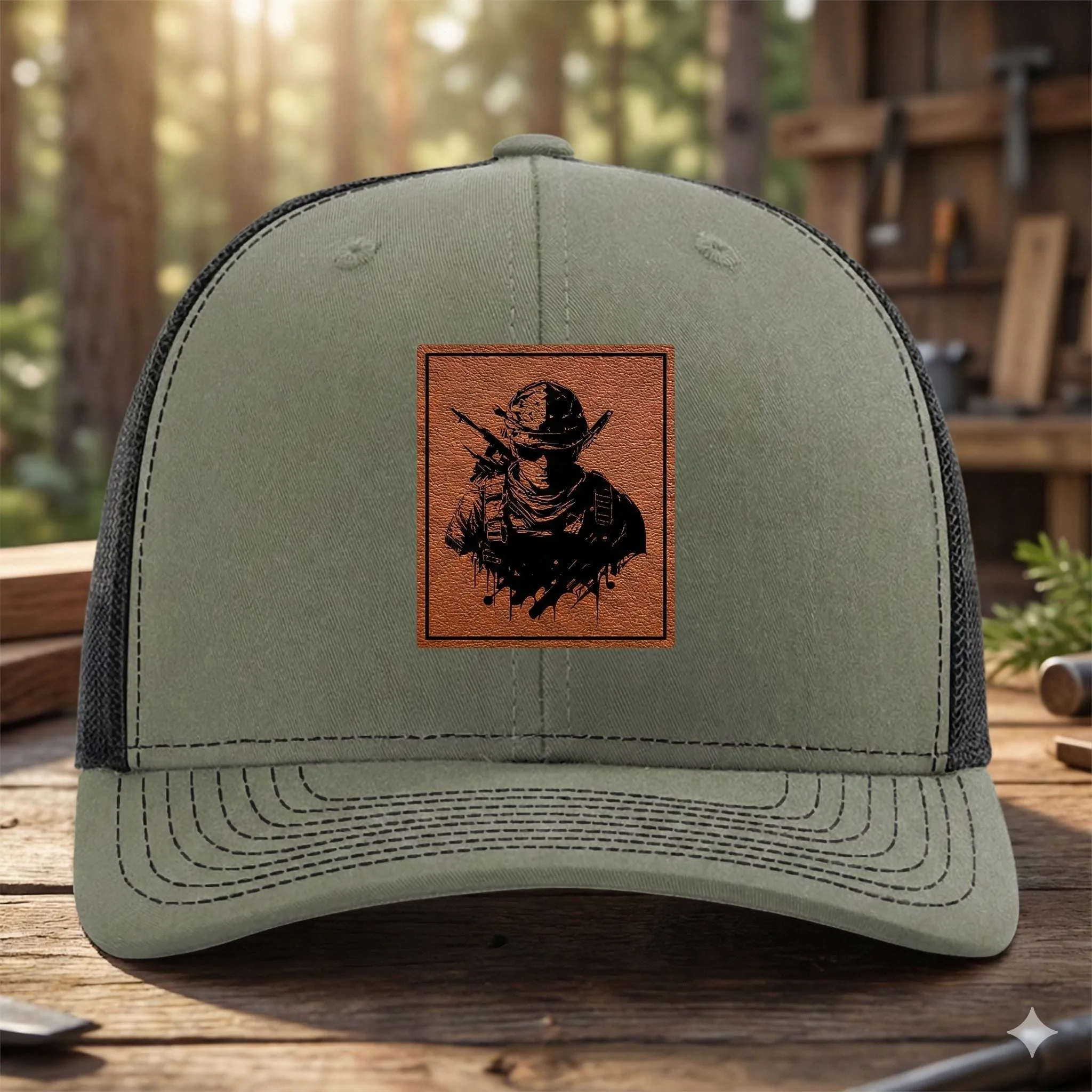 Tactical Forces Trucker Hat, Leather Patch Outdoor Cap, Veteran Style Hat for Men, Rugged Adventure Gift, Mesh