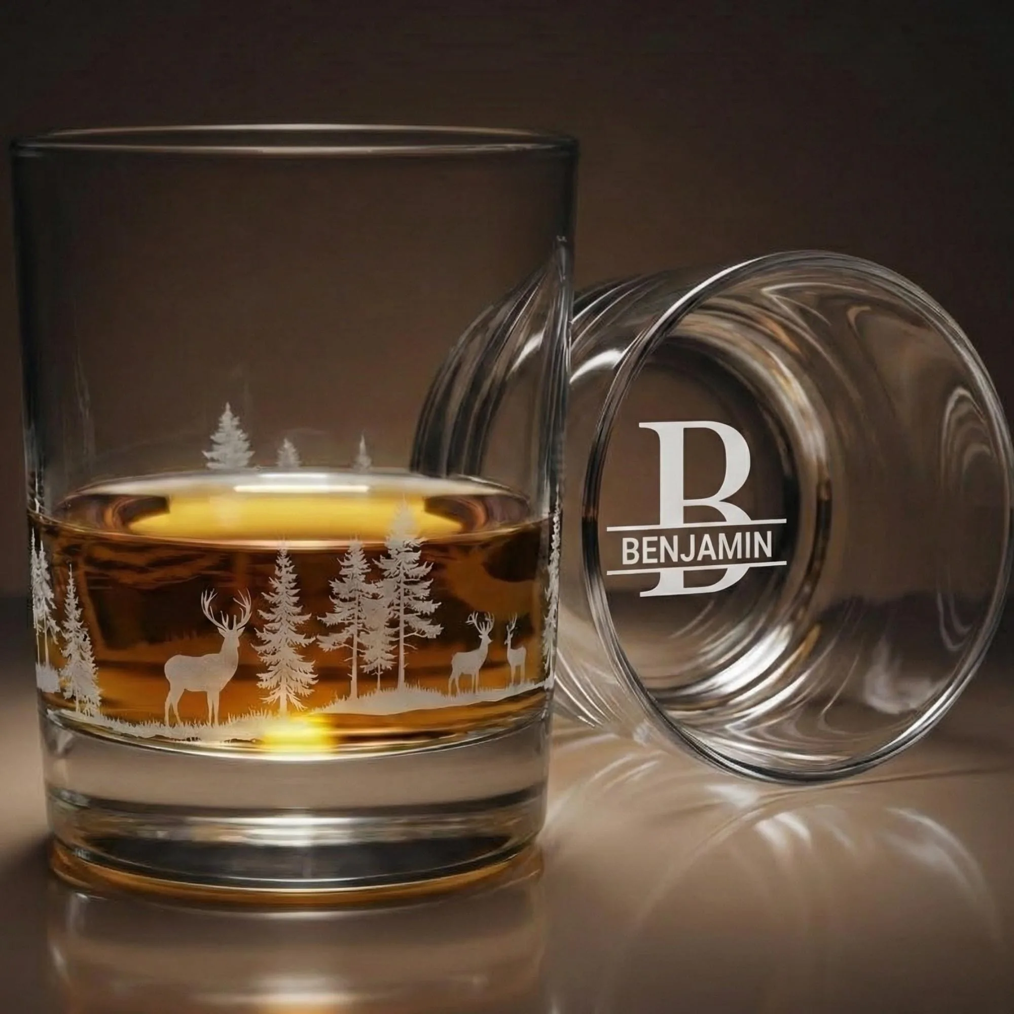 Personalized Deer Forest Engraved Whiskey Glass, Custom Name Rocks Tumbler