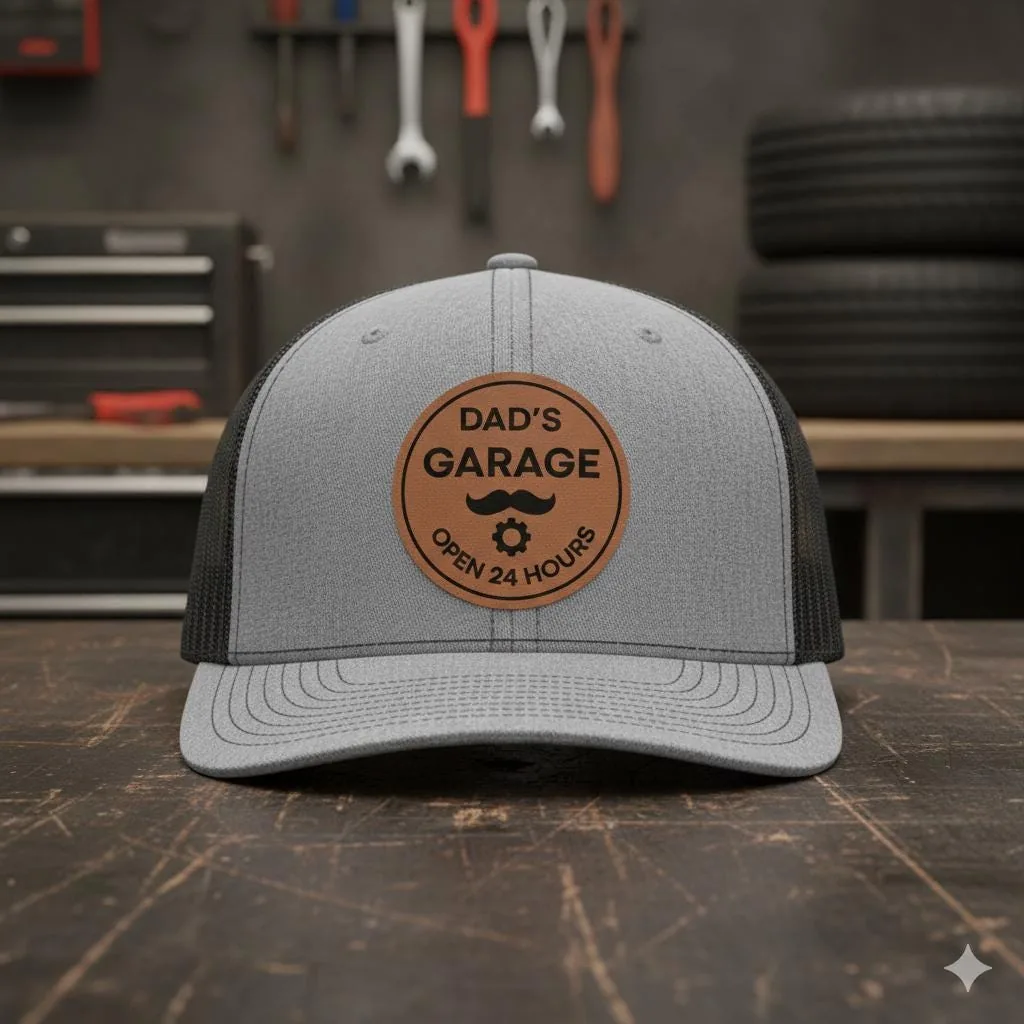 Dad’s Garage Trucker Hat, Leather Patch Dad Hat, Open 24 Hours Snapback Cap, Father’s Day Gift Hat, Funny Dad 