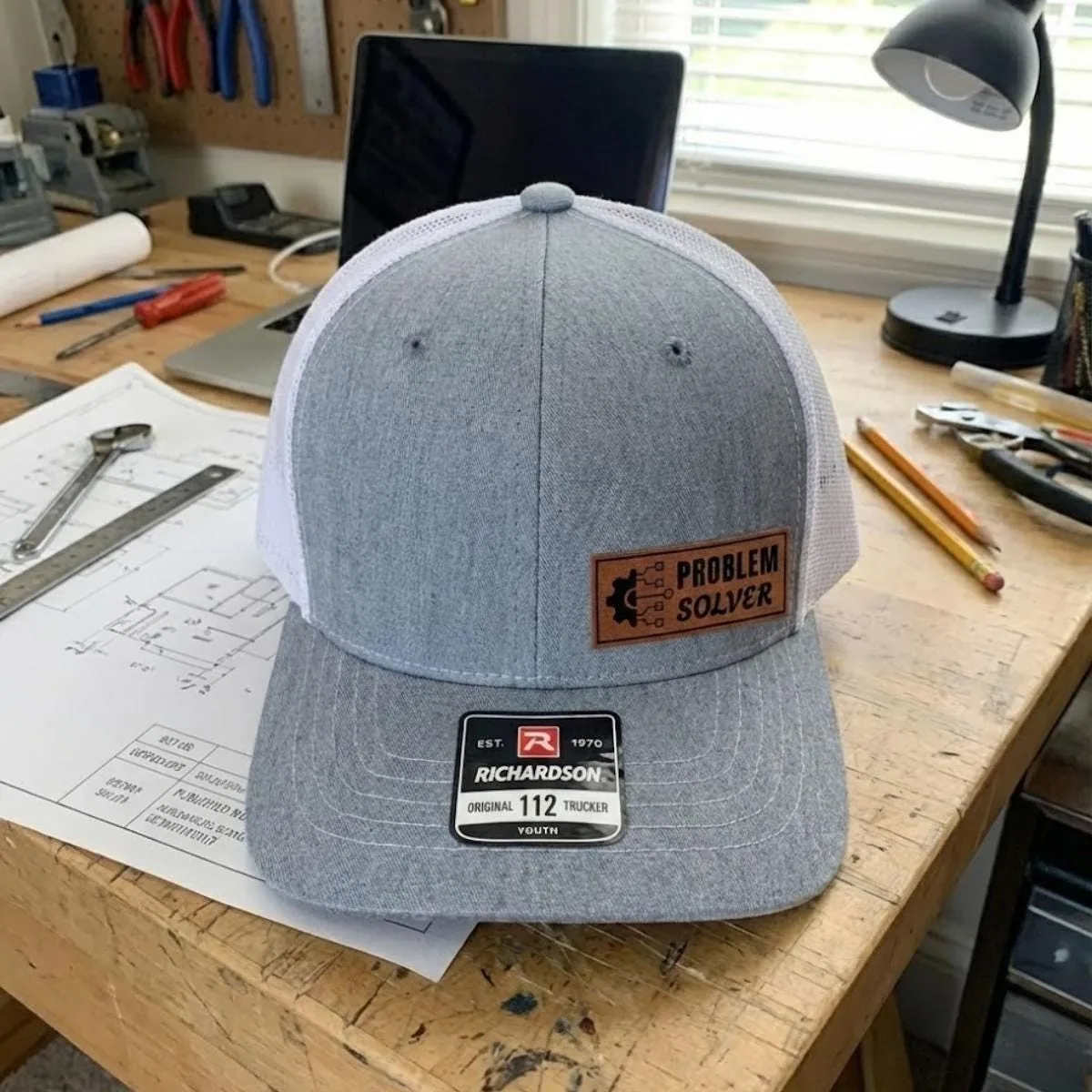 Problem Solver Trucker Hat, Leather Patch Cap, Funny Work Gift, Tradesman Snapback Hat, Handyman Apparel
