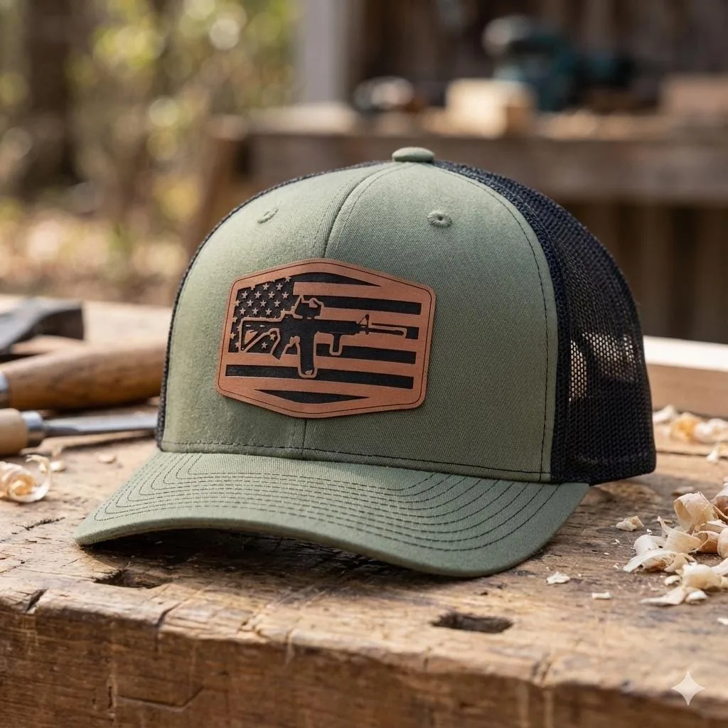 American Flag Rifle Trucker Hat, Leather Patch Patriotic Hat, USA Gun Silhouette Mesh Snapback Cap, Tactical O