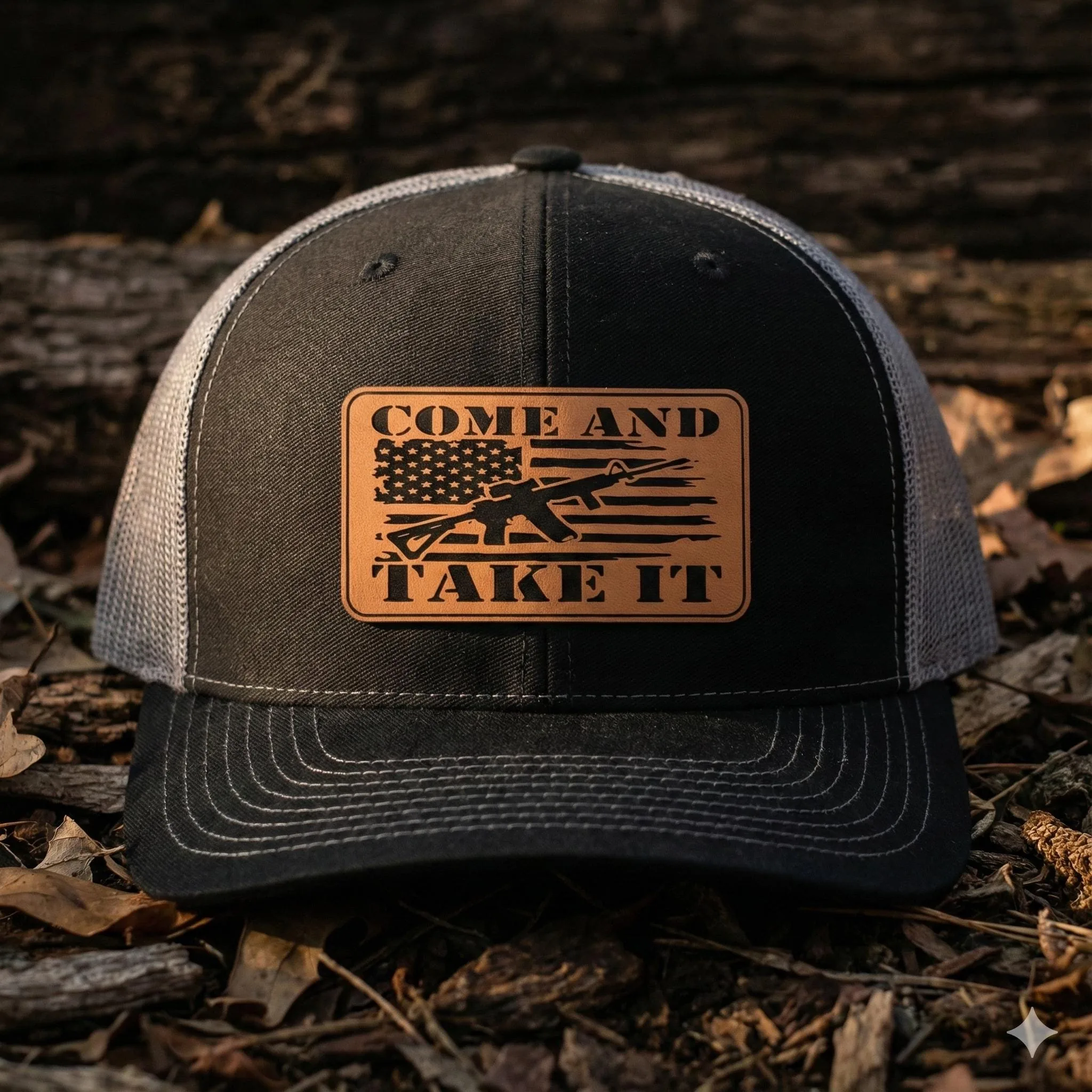 Come And Take It Trucker Hat, Leather Patch Patriotic Hat, American Flag Rifle Snapback Cap, Tactical Mesh Hat