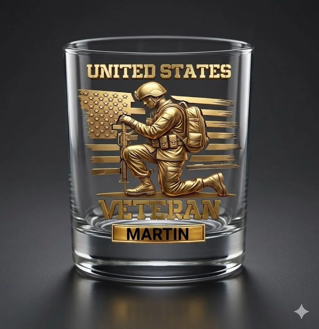 Personalized Veteran Whiskey Glass, Custom Name Old Fashioned Bourbon Tumbler, Patriotic Service Member Gift