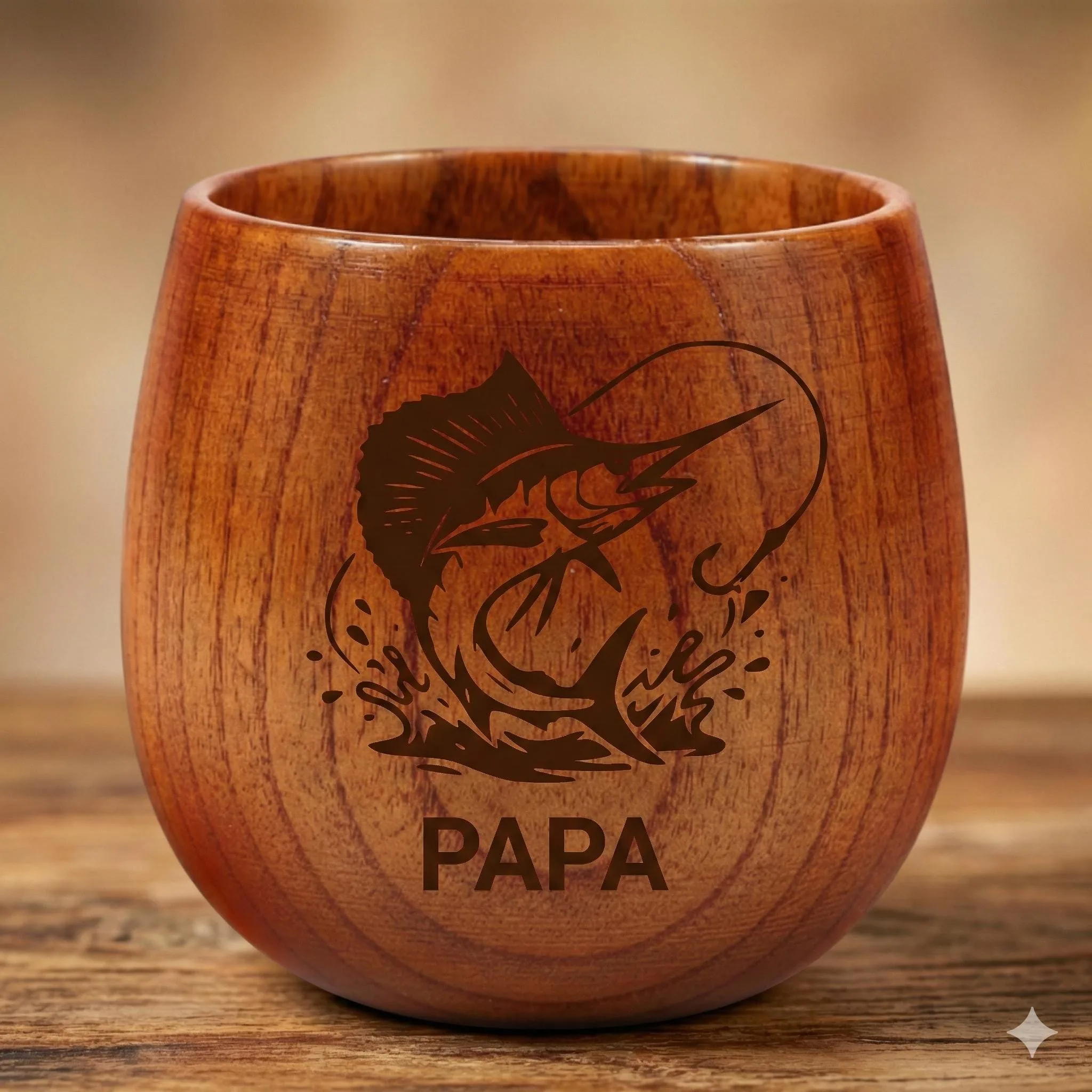 Personalized Fishing Papa Wooden Whiskey Cup, Engraved Rustic Tumbler Gift