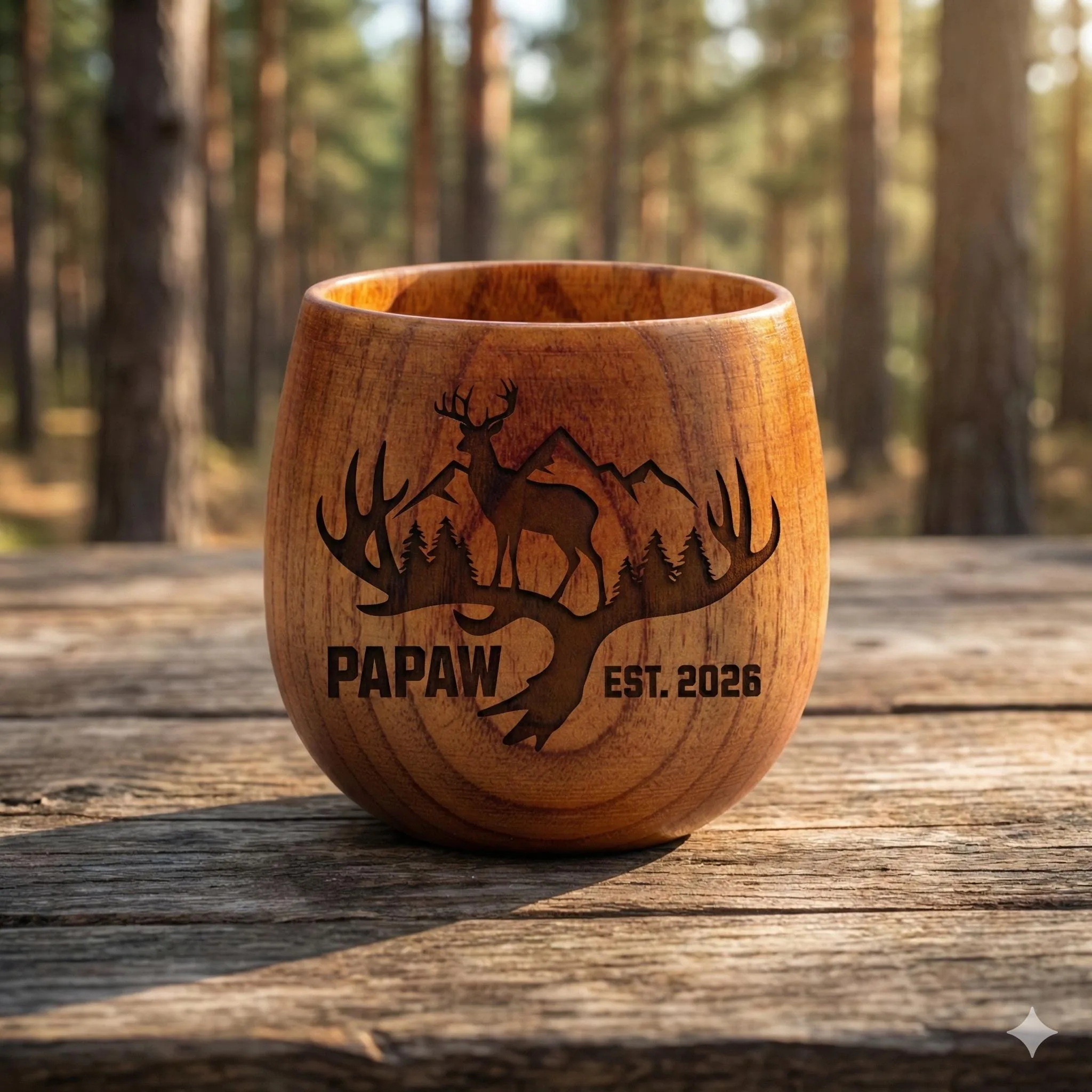 Personalized Wooden Whiskey Cup, Engraved Deer Mountain Tumbler, Custom Papaw Gift