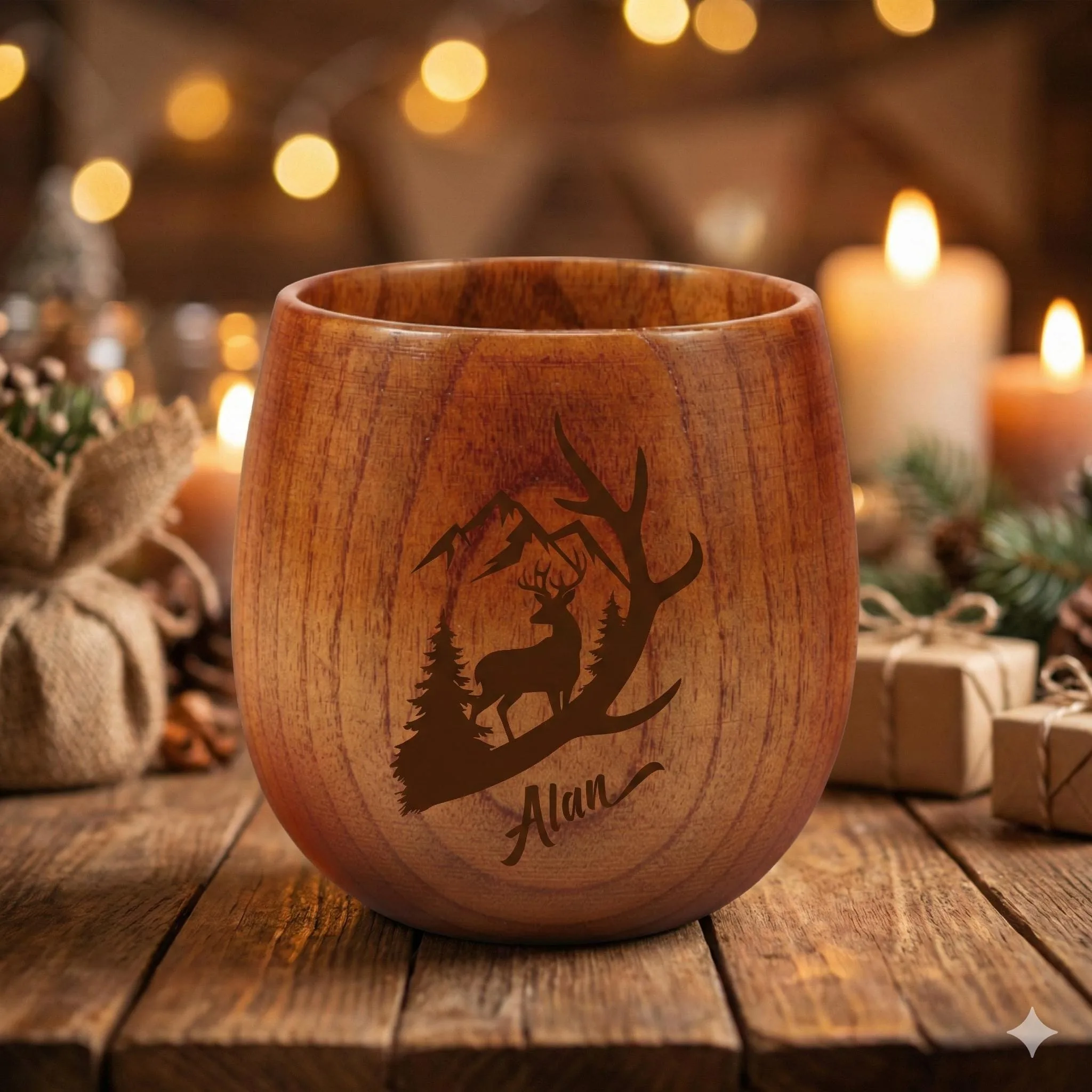 Personalized Wooden Whiskey Cup, Engraved Deer Mountain Tumbler, Custom Name Rustic Gift