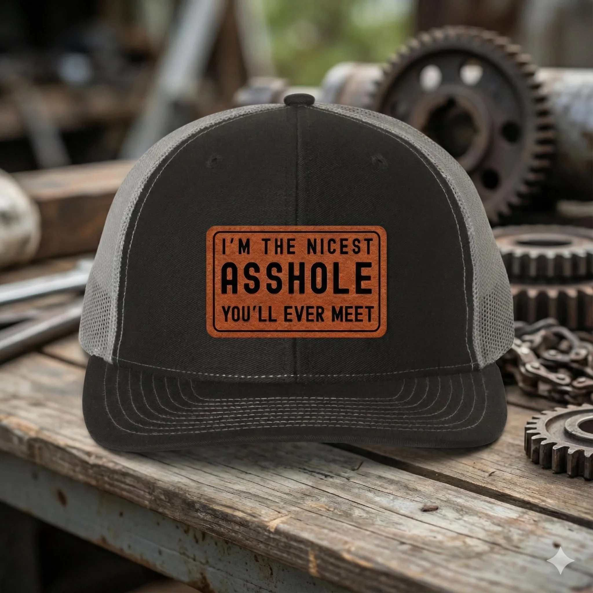Im The Nicest Asshole Youll Ever Meet Trucker Hat, Leather Patch Hat, Funny Work Hat, Dark Gray Mesh Snapback 