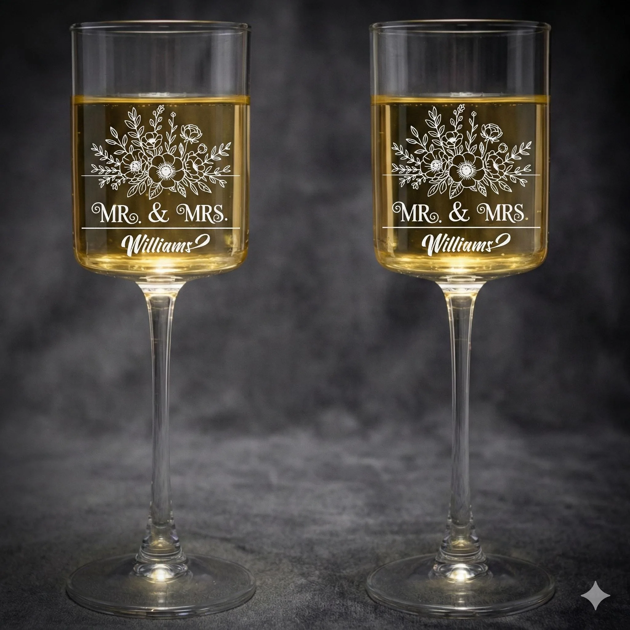 Personalized Mr & Mrs Wine Glass Set, Floral Engraved Wedding Gift