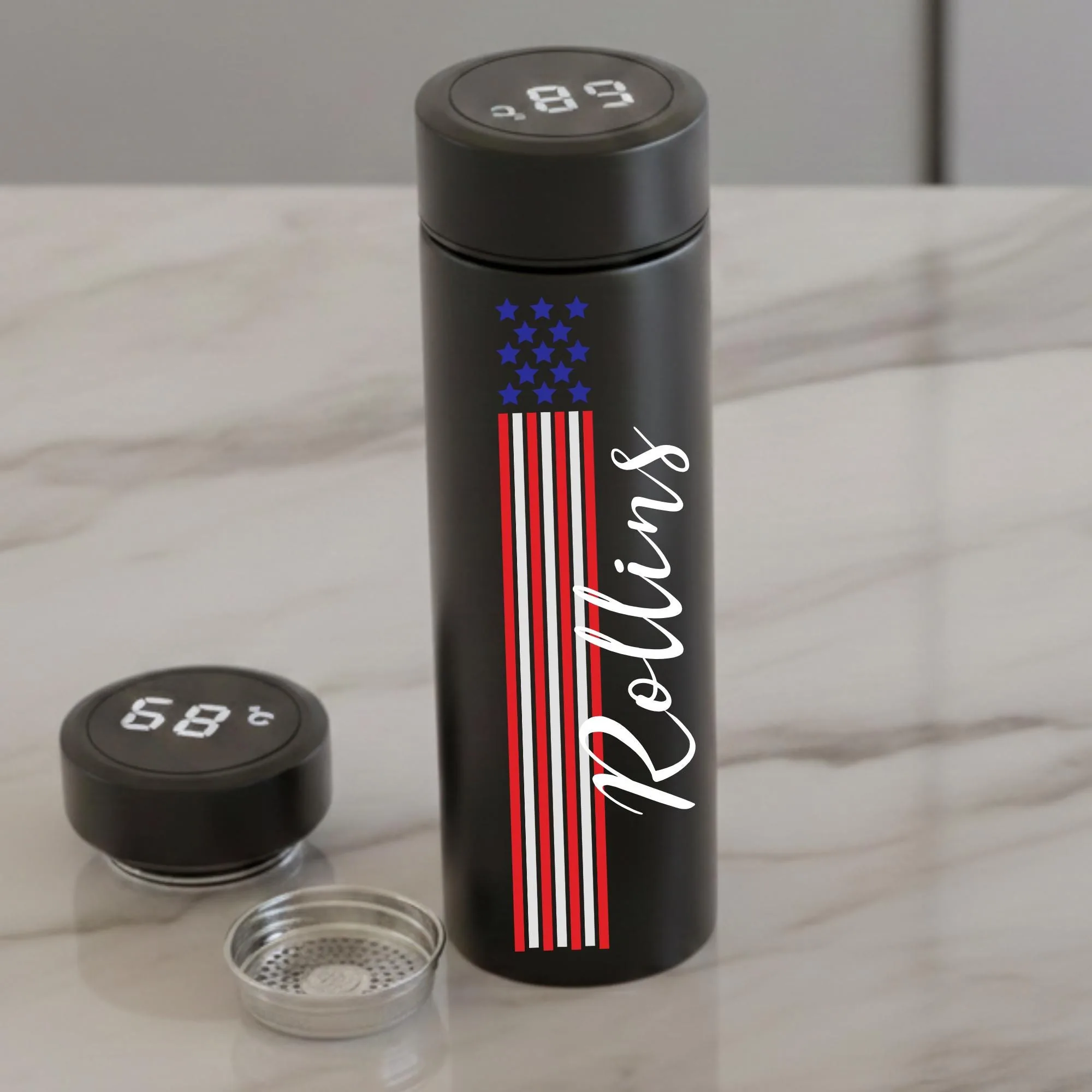 Personalized American Flag Tumbler, Smart Temperature Display, Insulated Patriotic Gift for Veterans, Custom D