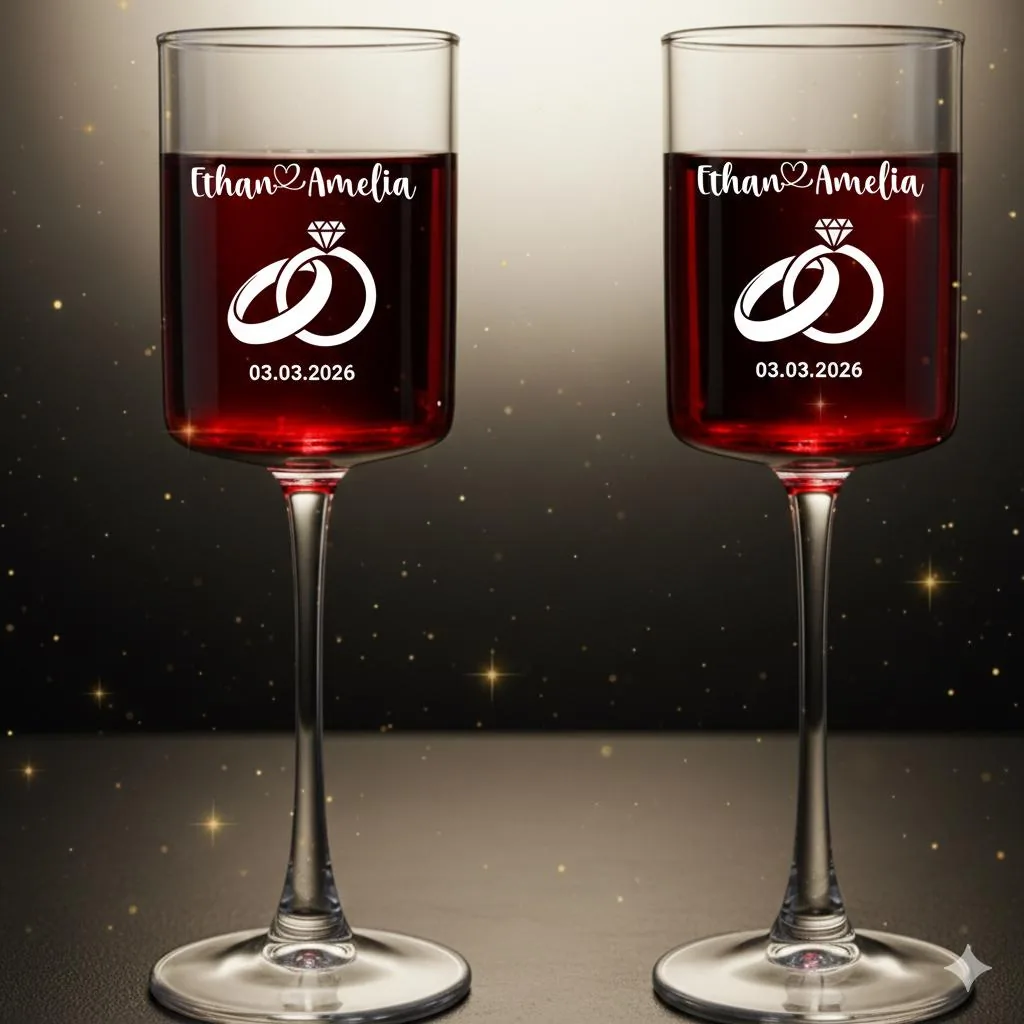 Personalized Wedding Champagne Flute, Laser Engraved Rings, Custom Names & Date