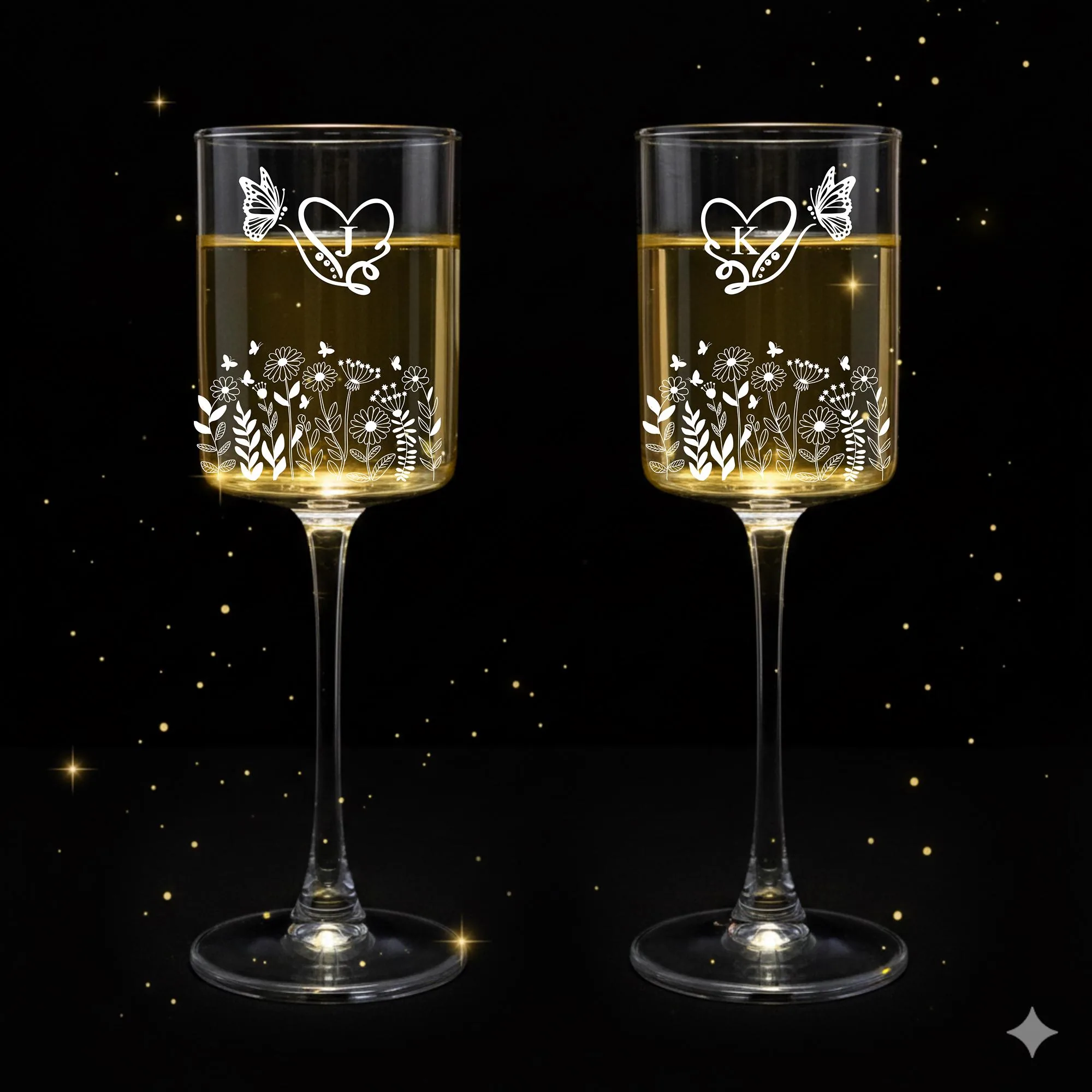 Personalized Floral Champagne Flutes, Laser Engraved Wine Glasses, Wedding Gift