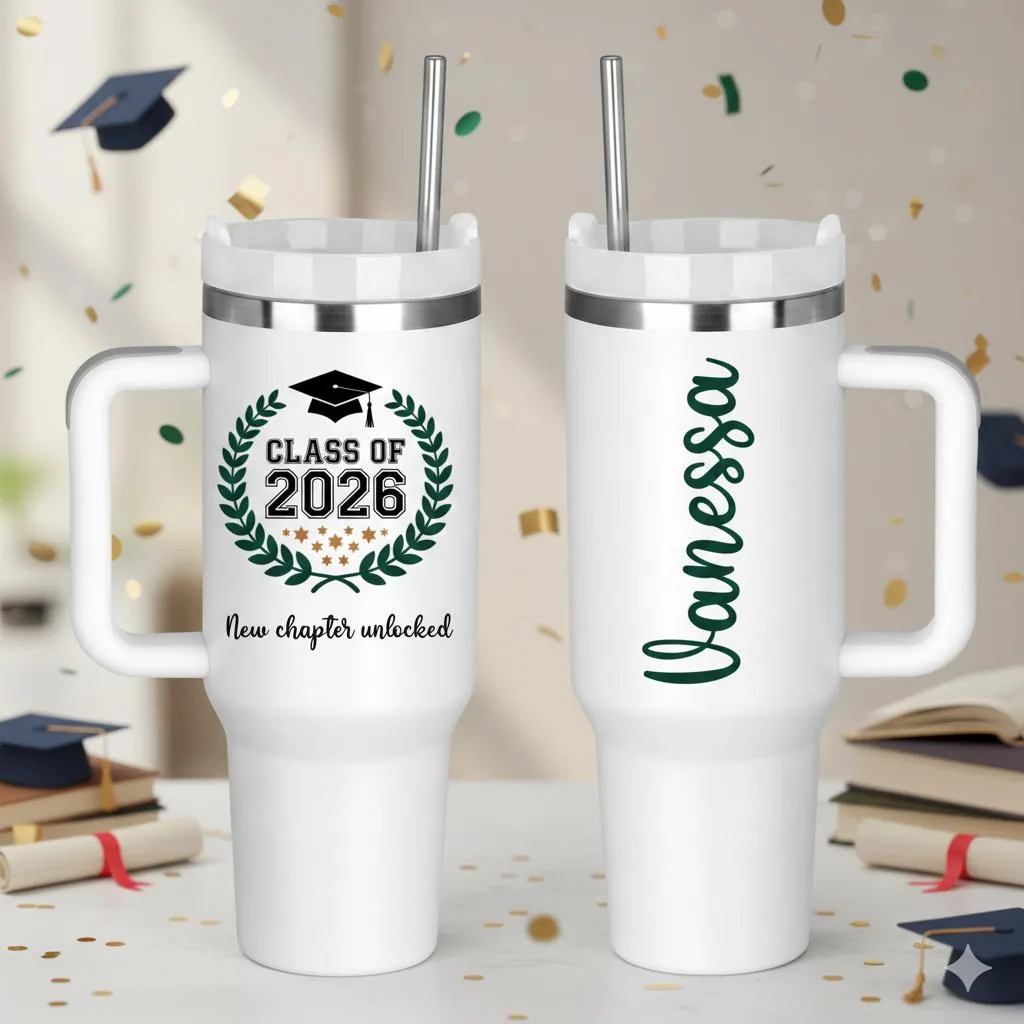 Class of 2026 Graduation Tumbler, Personalized Senior Gift, 40oz With Handle, New Chapter Unlocked Cup