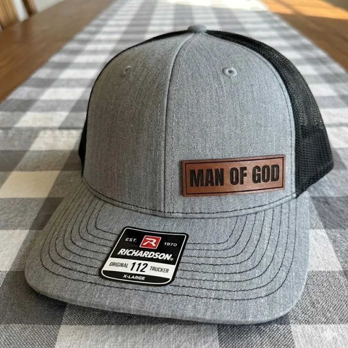 Man of God Trucker Hat, Christian Leather Patch Hat for Men, Faith Based Mesh Cap, Religious Gift for Him
