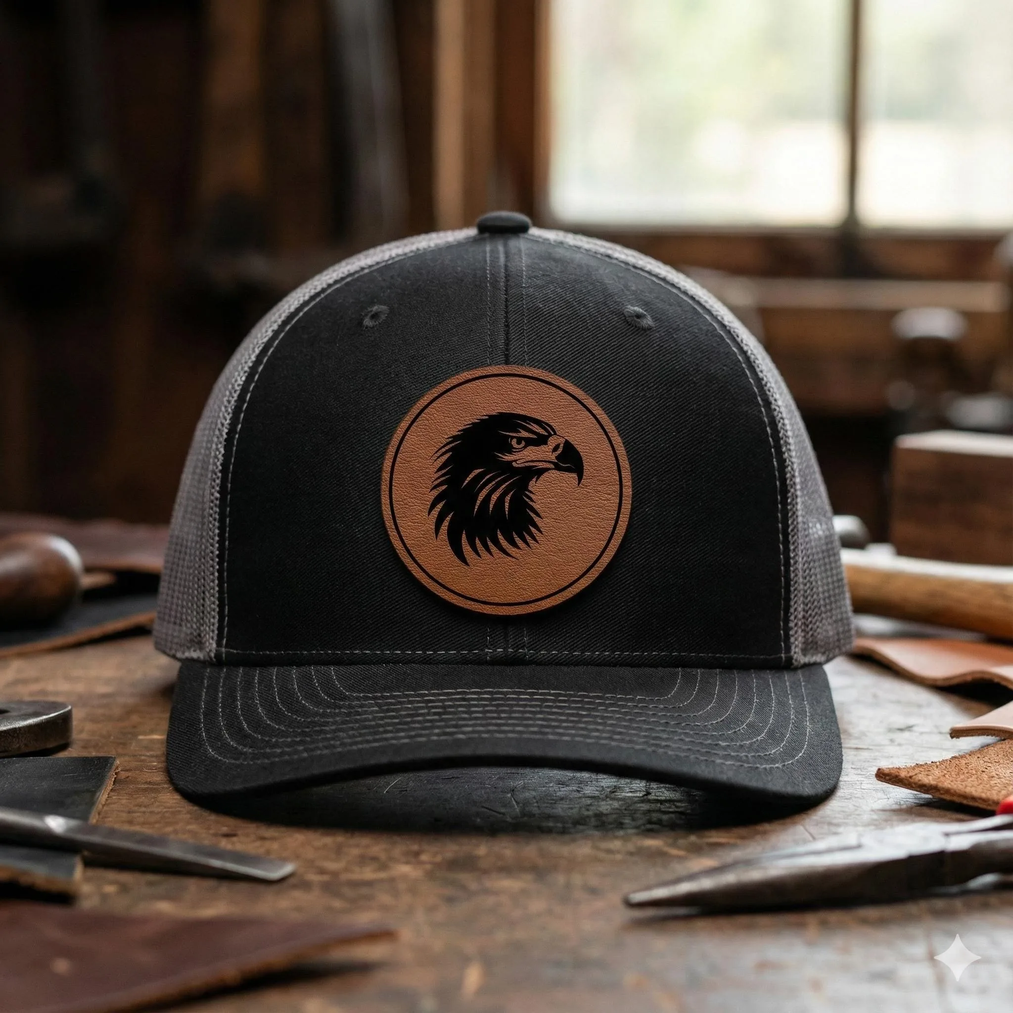 Eagle Leather Patch Trucker Hat, Patriotic Outdoor Snapback Cap for Men, Eagle Mesh Hat, Gift for Outdoorsman
