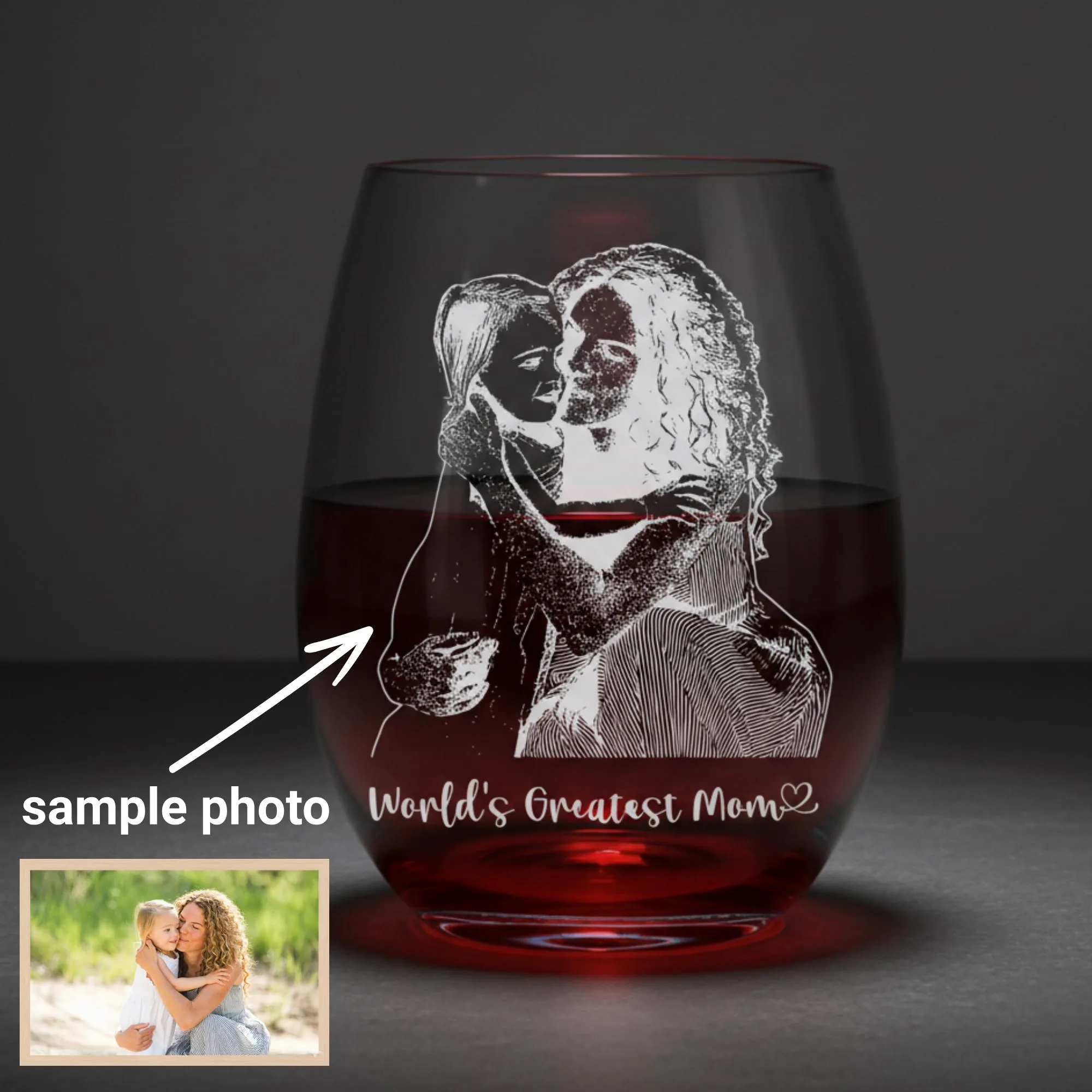 Personalized Photo Wine Glass, Laser Engraved Keepsake for Mom