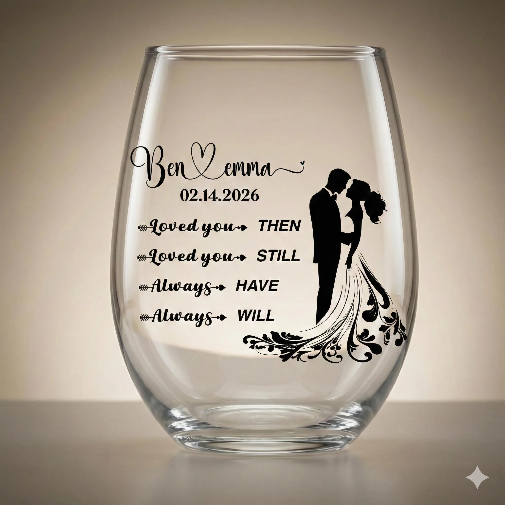 Personalized Wedding Wine Glass, Engraved Couple Silhouette, Anniversary Gift