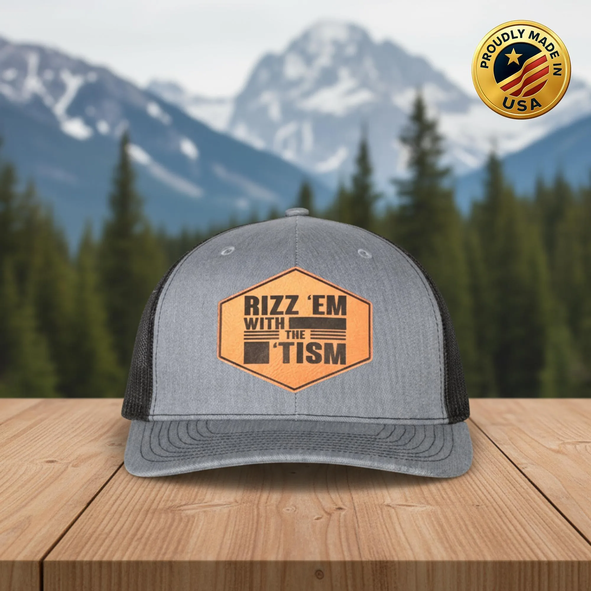 Rizz Em With The Tism Trucker Hat, Funny Leather Patch Cap, Meme Humor Snapback Hat