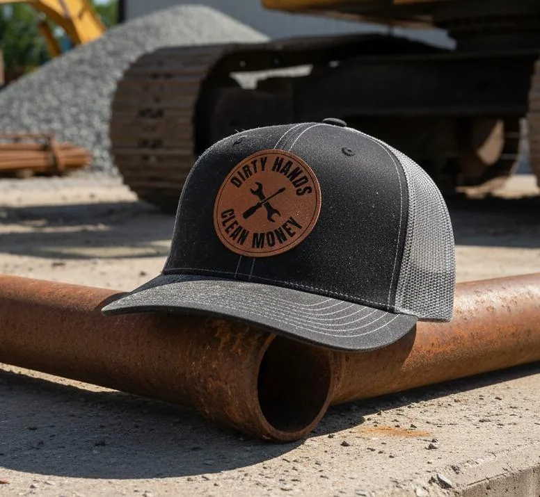 Dirty Hands Clean Money Trucker Hat, Blue Collar Leather Patch Cap, Work Hard Skull Hat