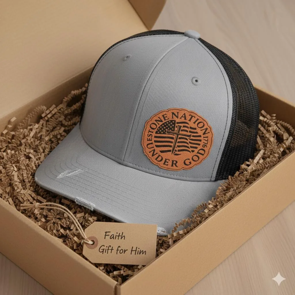 One Nation Under God Trucker Hat, Christian Leather Patch Cap, Faith Based Patriotic Snapback Hat
