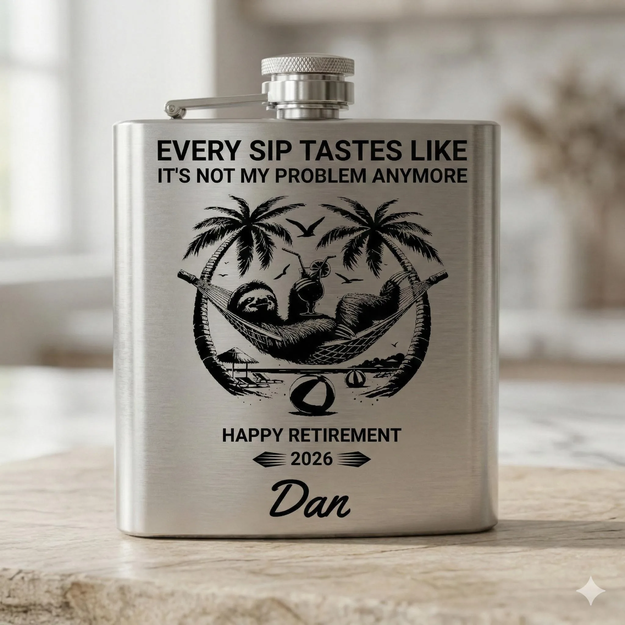 Personalized Retirement Flask, Sloth Beach Design, Happy Retirement 2026 Gift