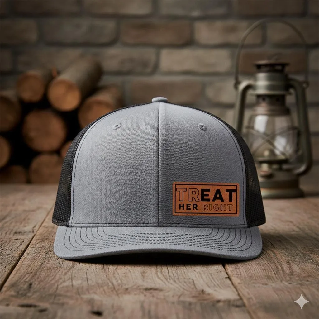 Treat Her Right Leather Patch Hat, Trucker Cap, Funny Relationship Gift for Men, Mesh Snapback