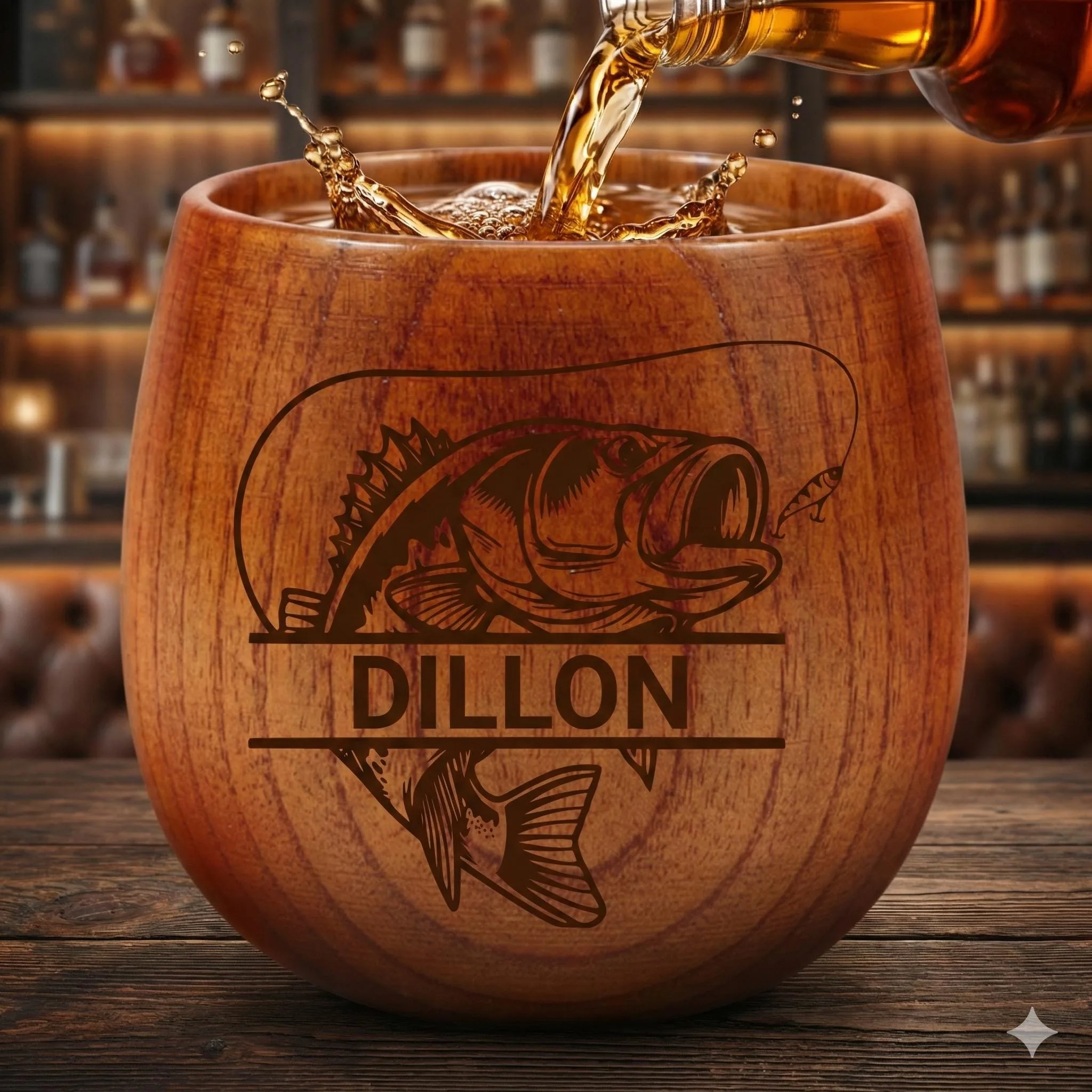 Personalized Wooden Whiskey Cup, Engraved Bass Fishing Tumbler, Custom Papaw Gift