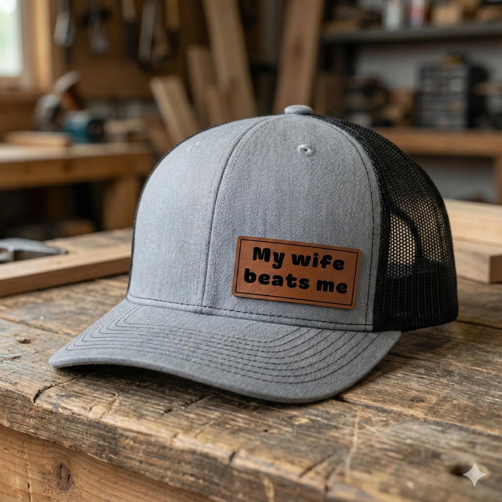 My Wife Beats Me Trucker Hat, Funny Leather Patch Cap, Dark Humor Snapback, Sarcastic Joke Gift for Men