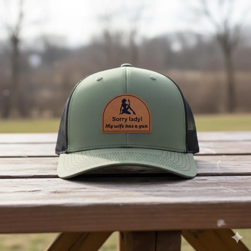 Sorry Lady My Wife Has a Gun Trucker Hat, Funny Sarcastic Humor Cap, Edgy Joke Gag Gift for Men, Novelty Mesh 
