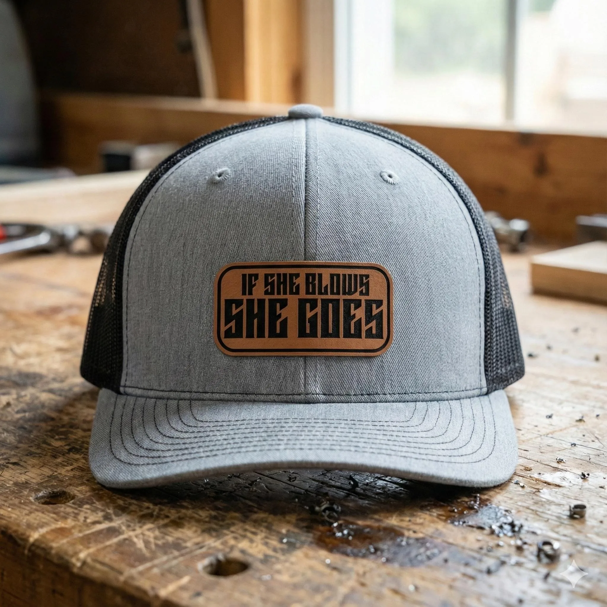 If She Blows She Goes Trucker Hat, Funny Leather Patch Hat, Humor Mesh Snapback Cap, Joke Hat for Men, Gag Gif
