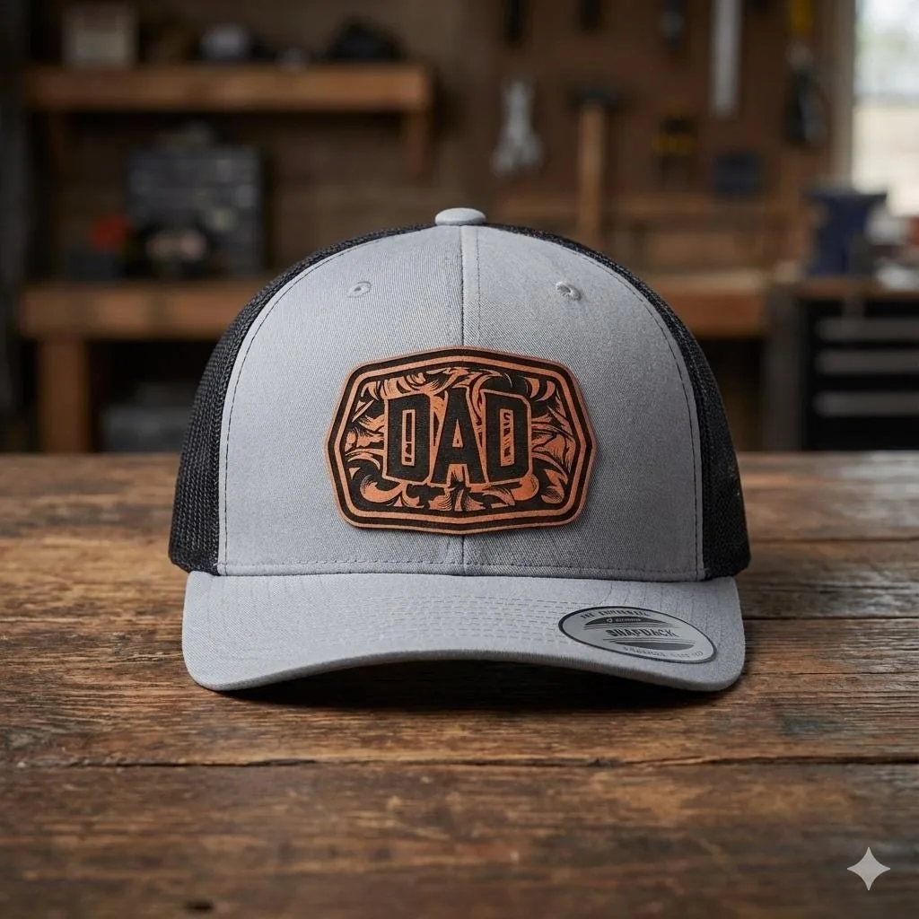 DAD Leather Patch Trucker Hat, Rugged Engraved Snapback Cap, Funny Dad Humor Gift for Men