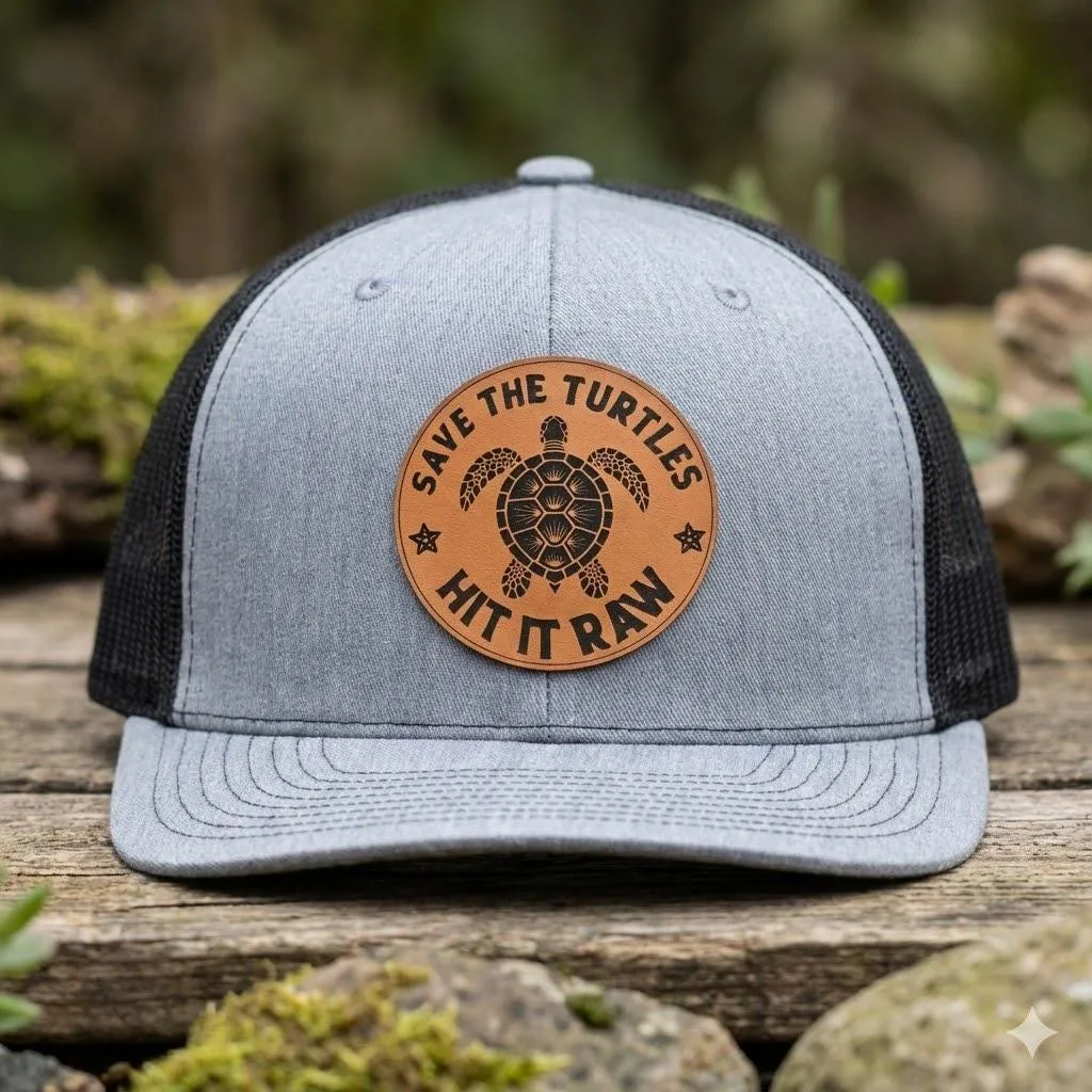 Save the Turtles Trucker Hat, Leather Patch Cap, Funny Turtle Design, Adjustable Snapback, Beach Fishing Surf 